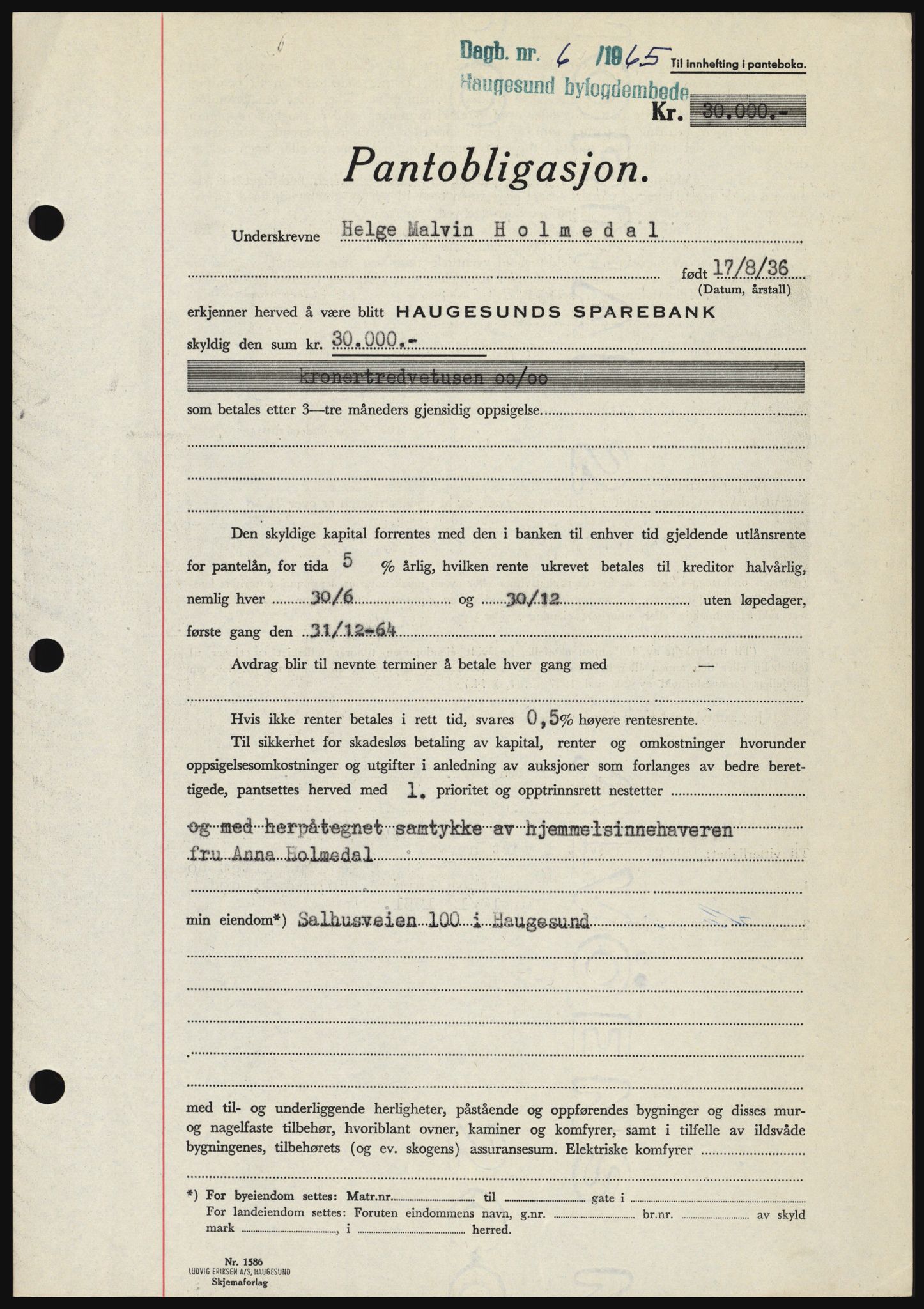 Haugesund tingrett, SAST/A-101415/01/II/IIC/L0053: Mortgage book no. B 53, 1965-1965, Diary no: : 6/1965