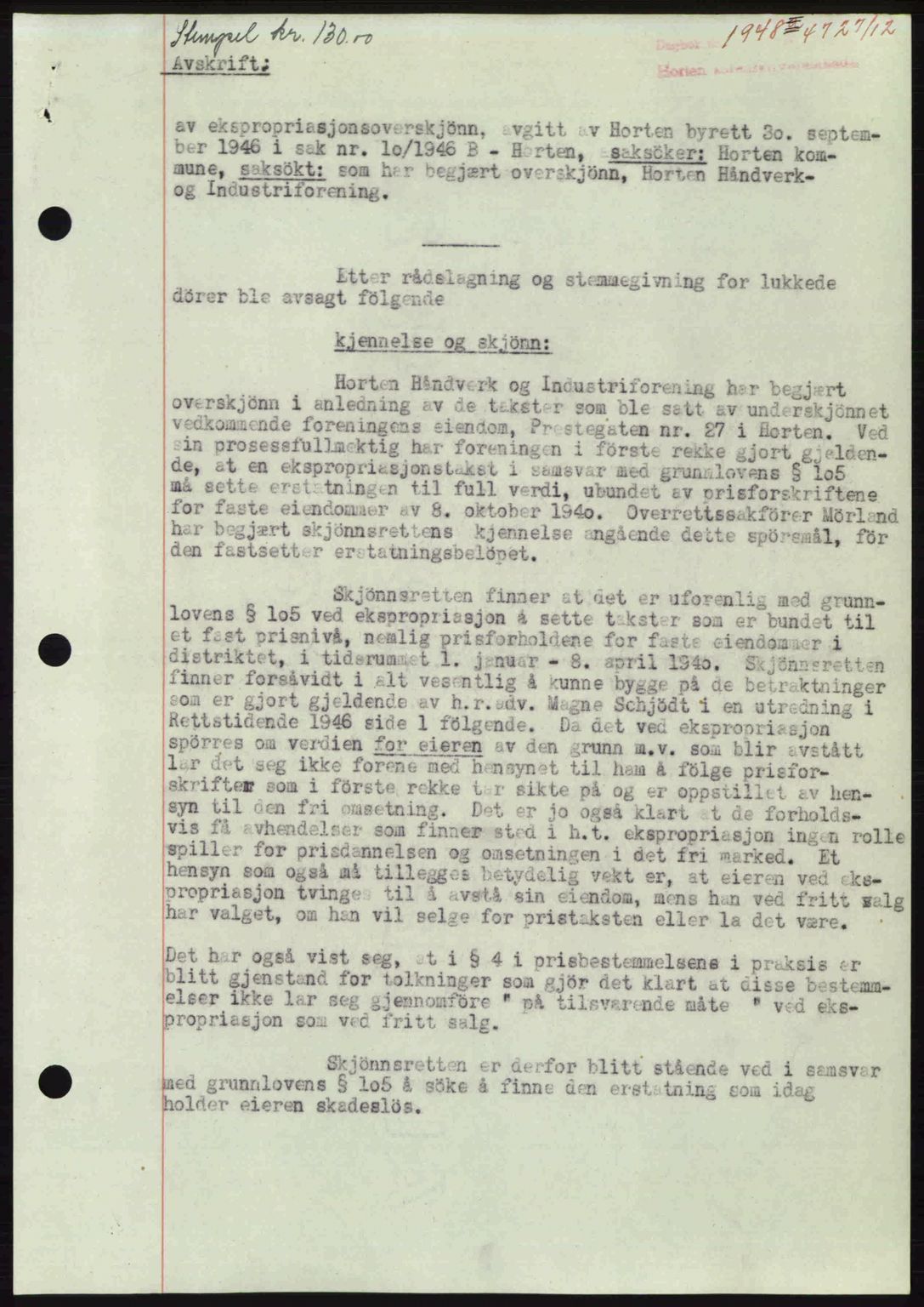 Horten sorenskriveri, AV/SAKO-A-133/G/Ga/Gaa/L0010: Mortgage book no. A-10, 1947-1948, Diary no: : 1948/1947