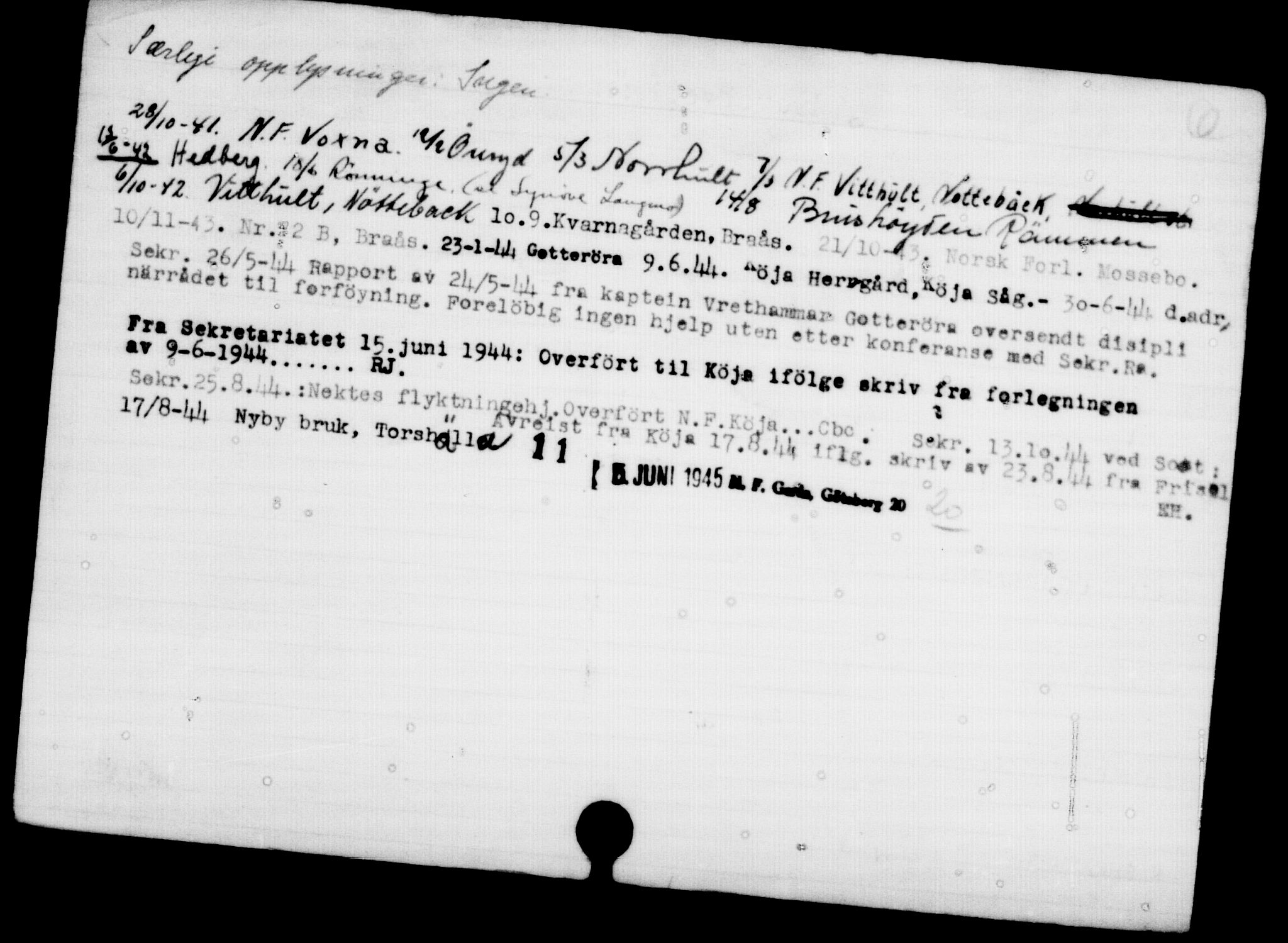 Utenriksstasjonene, Legasjonen i Stockholm, Flyktningkontoret, AV/RA-S-6753/V/Va/L0001: Kjesäterkartoteket, flyktninger med registreringsnr. 1-1000, 1940-1945, p. 20
