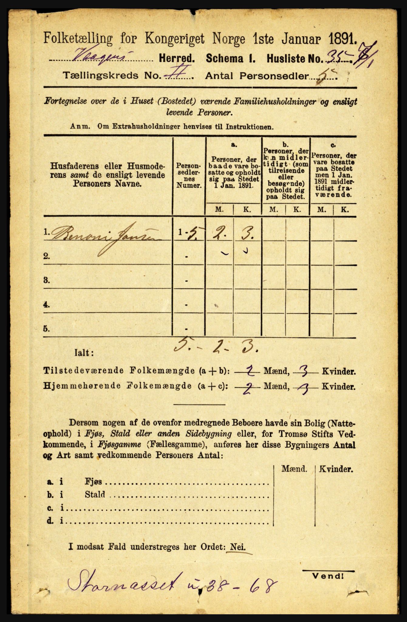 RA, 1891 census for 1865 Vågan, 1891, p. 413