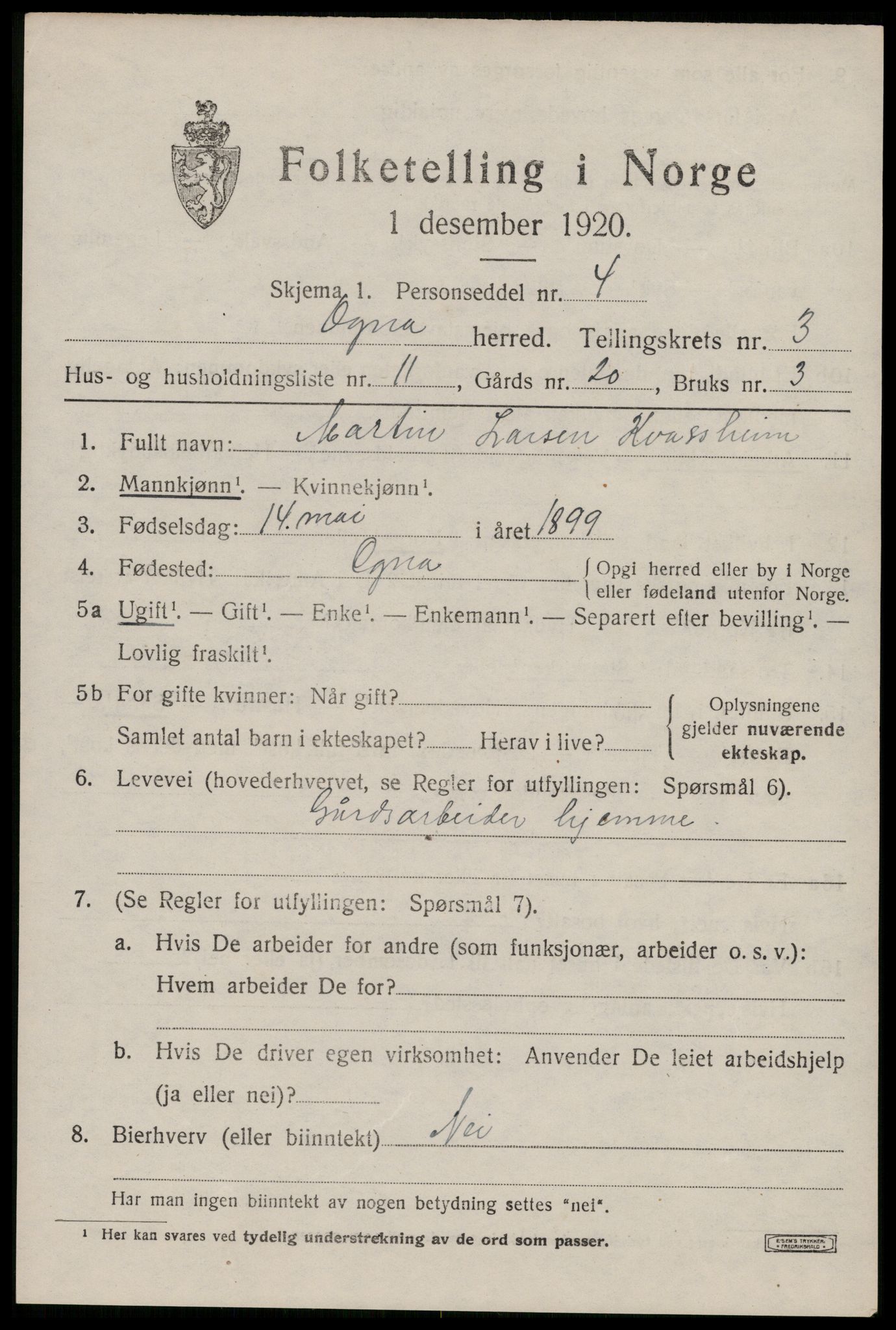 SAST, 1920 census for Ogna, 1920, p. 1887