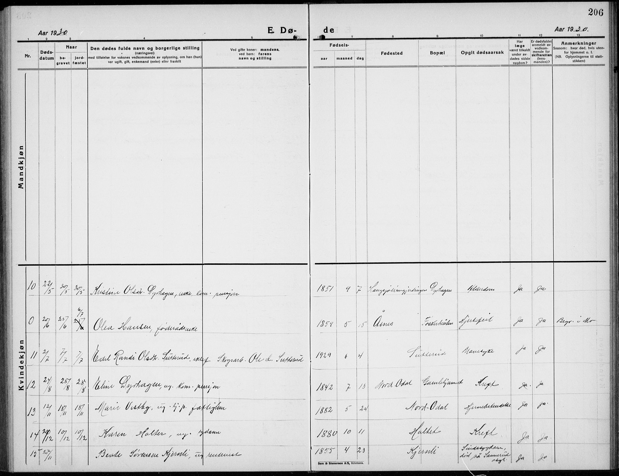 Nord-Odal prestekontor, AV/SAH-PREST-032/H/Ha/Hab/L0005: Parish register (copy) no. 5, 1924-1938, p. 206