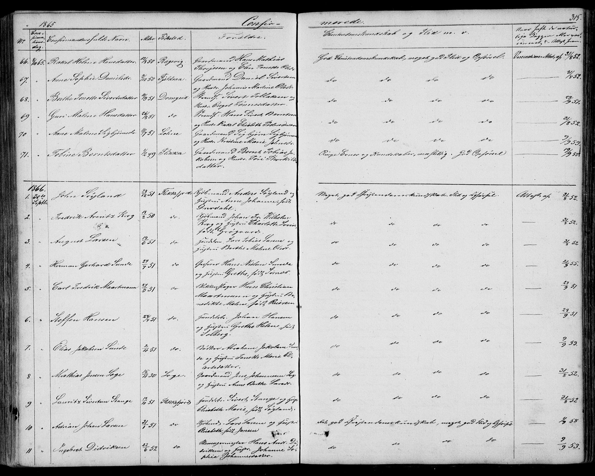 Flekkefjord sokneprestkontor, SAK/1111-0012/F/Fb/Fbc/L0005: Parish register (copy) no. B 5, 1846-1866, p. 315
