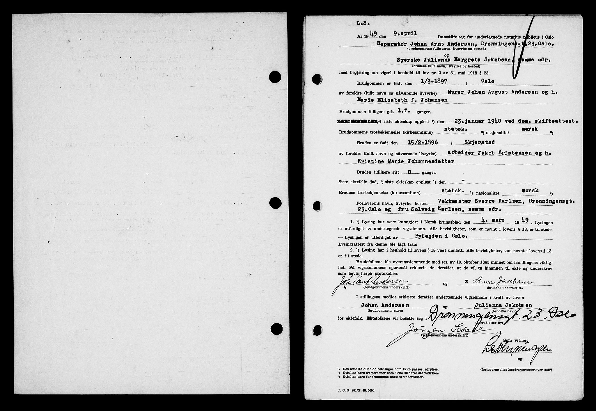 Oslo byfogd avd. I, SAO/A-10220/L/Lb/Lbb/L0065: Notarialprotokoll, rekke II: Vigsler, 1949