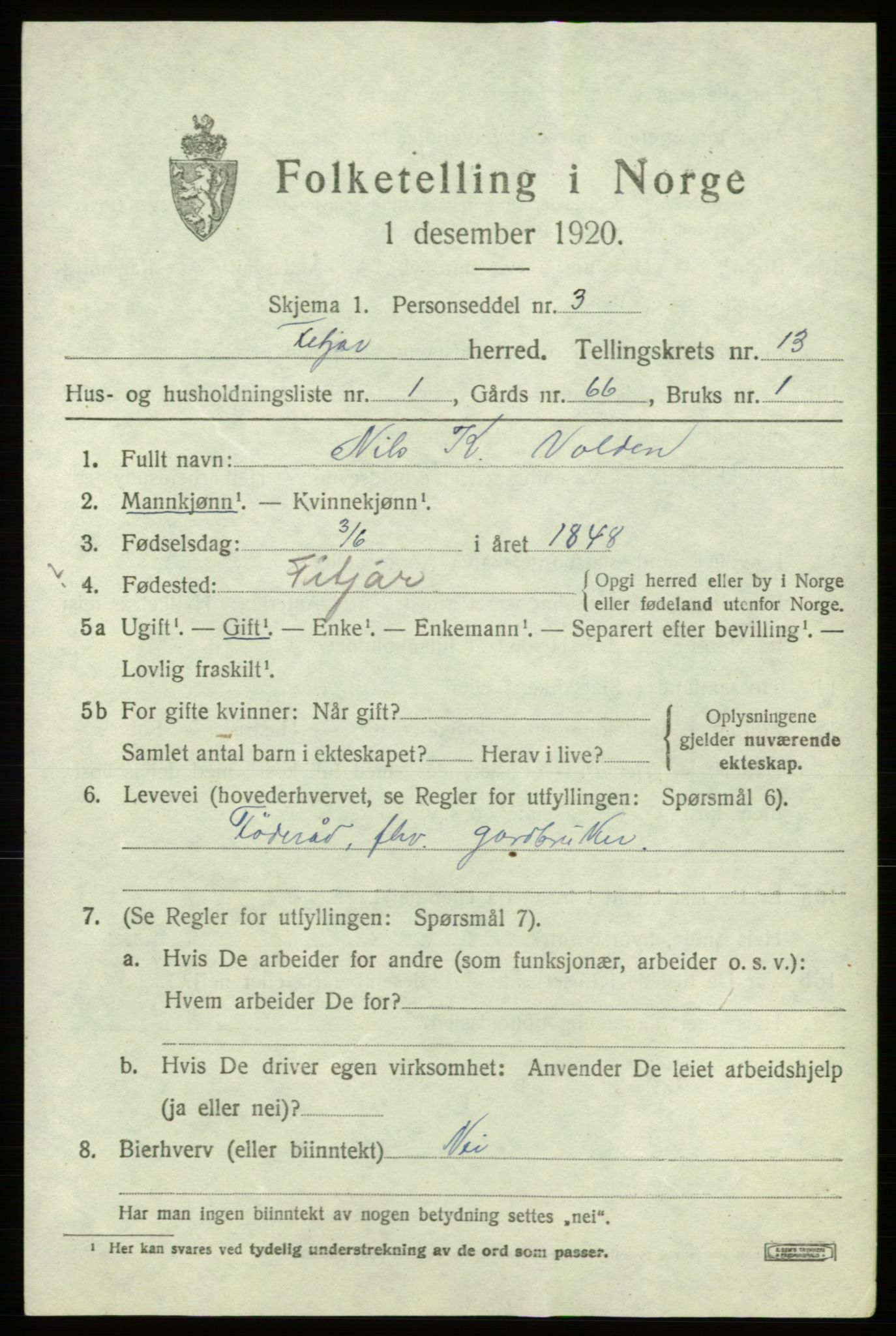 SAB, 1920 census for Fitjar, 1920, p. 5078