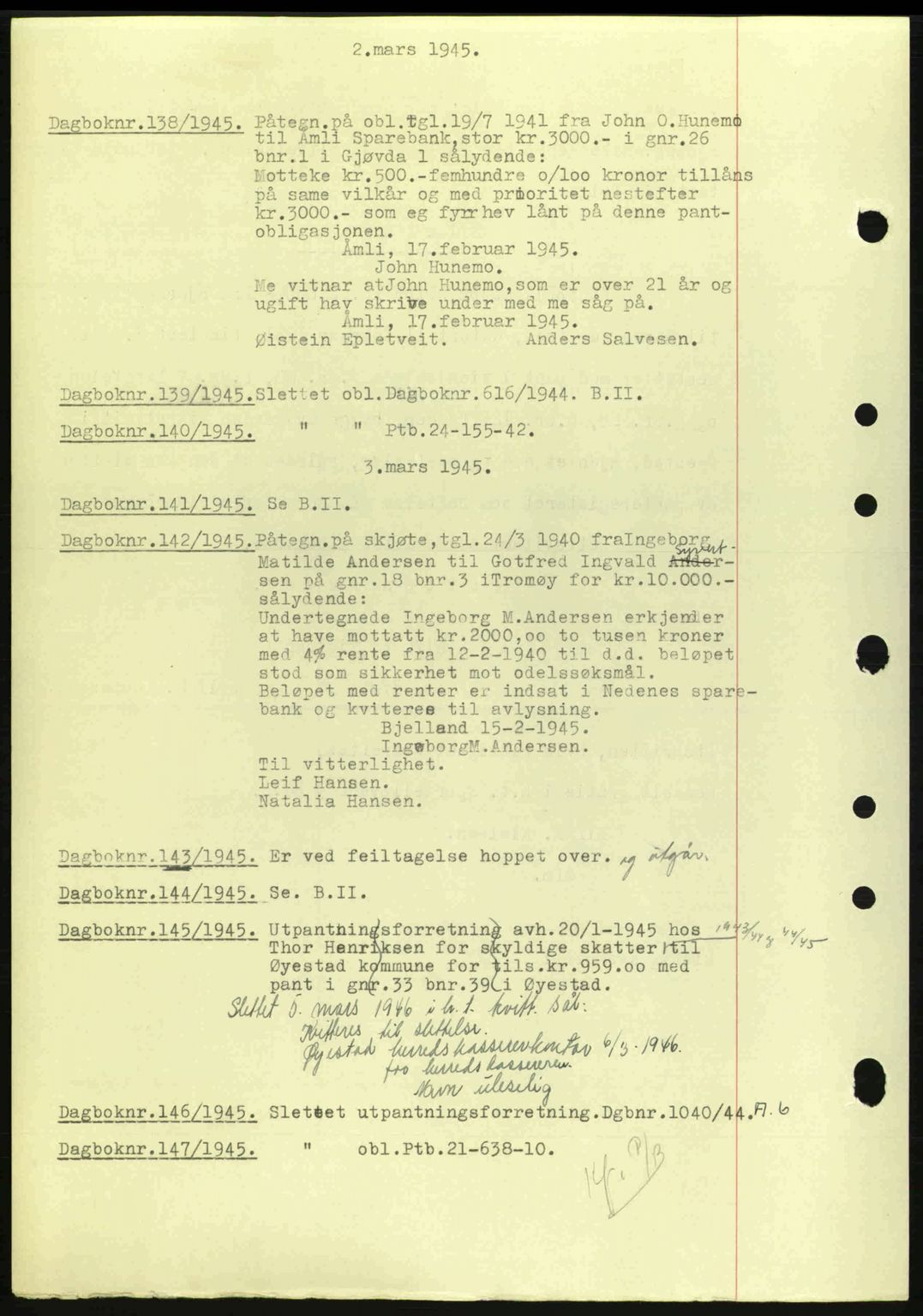 Nedenes sorenskriveri, AV/SAK-1221-0006/G/Gb/Gba/L0052: Mortgage book no. A6a, 1944-1945, Diary no: : 138/1945