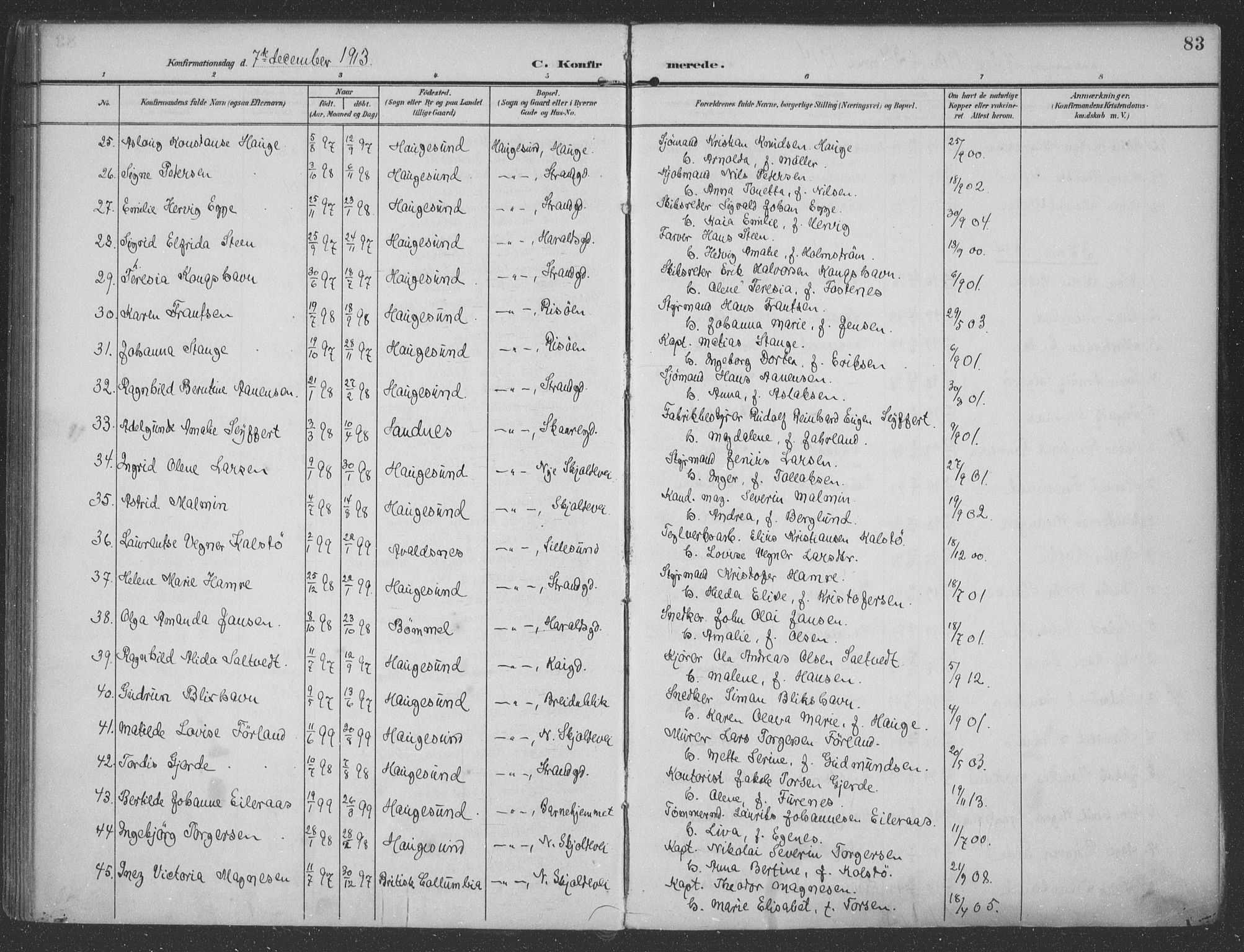 Haugesund sokneprestkontor, AV/SAST-A -101863/H/Ha/Haa/L0007: Parish register (official) no. A 7, 1904-1916, p. 83