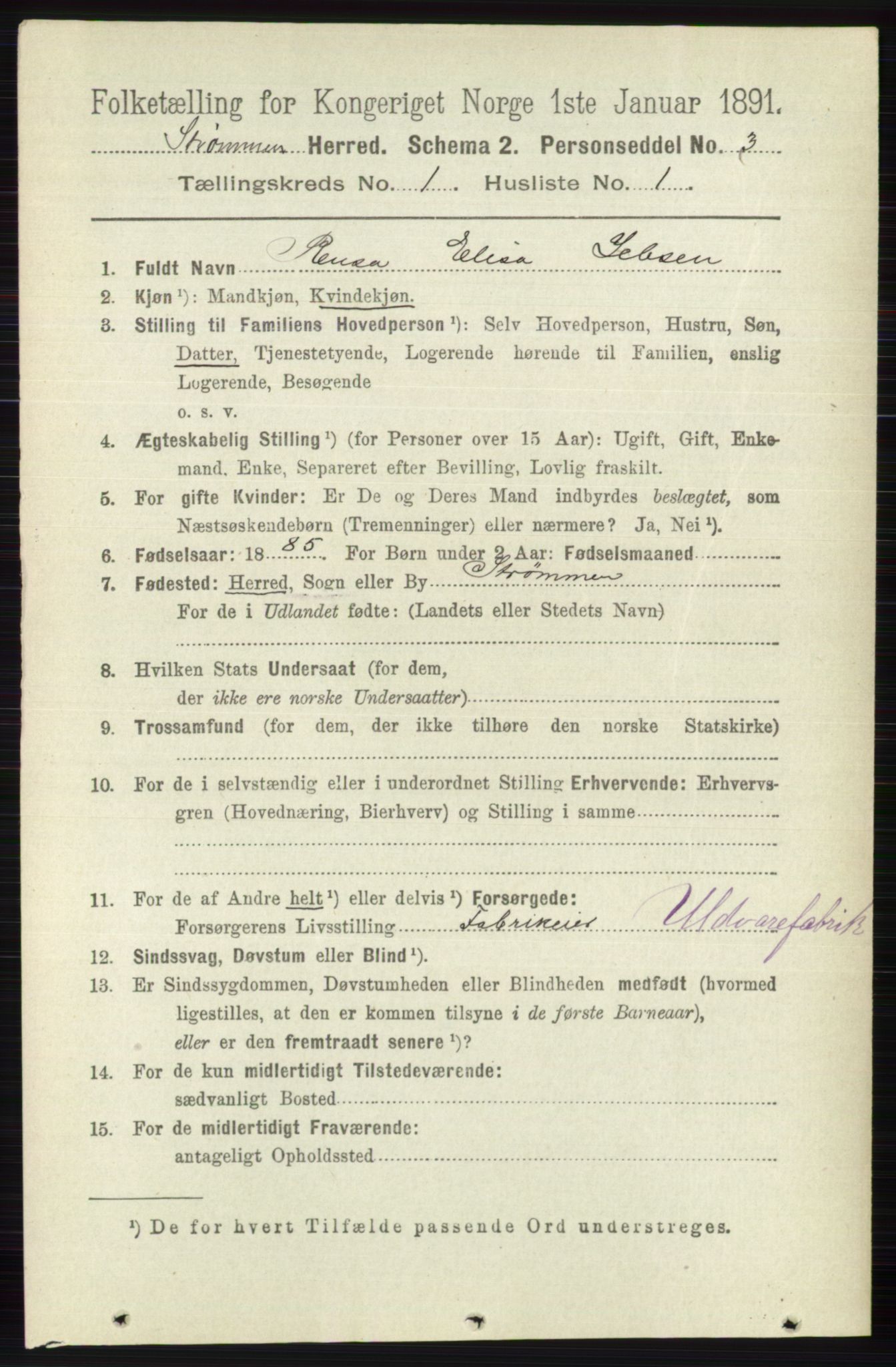 RA, 1891 census for 0711 Strømm, 1891, p. 62