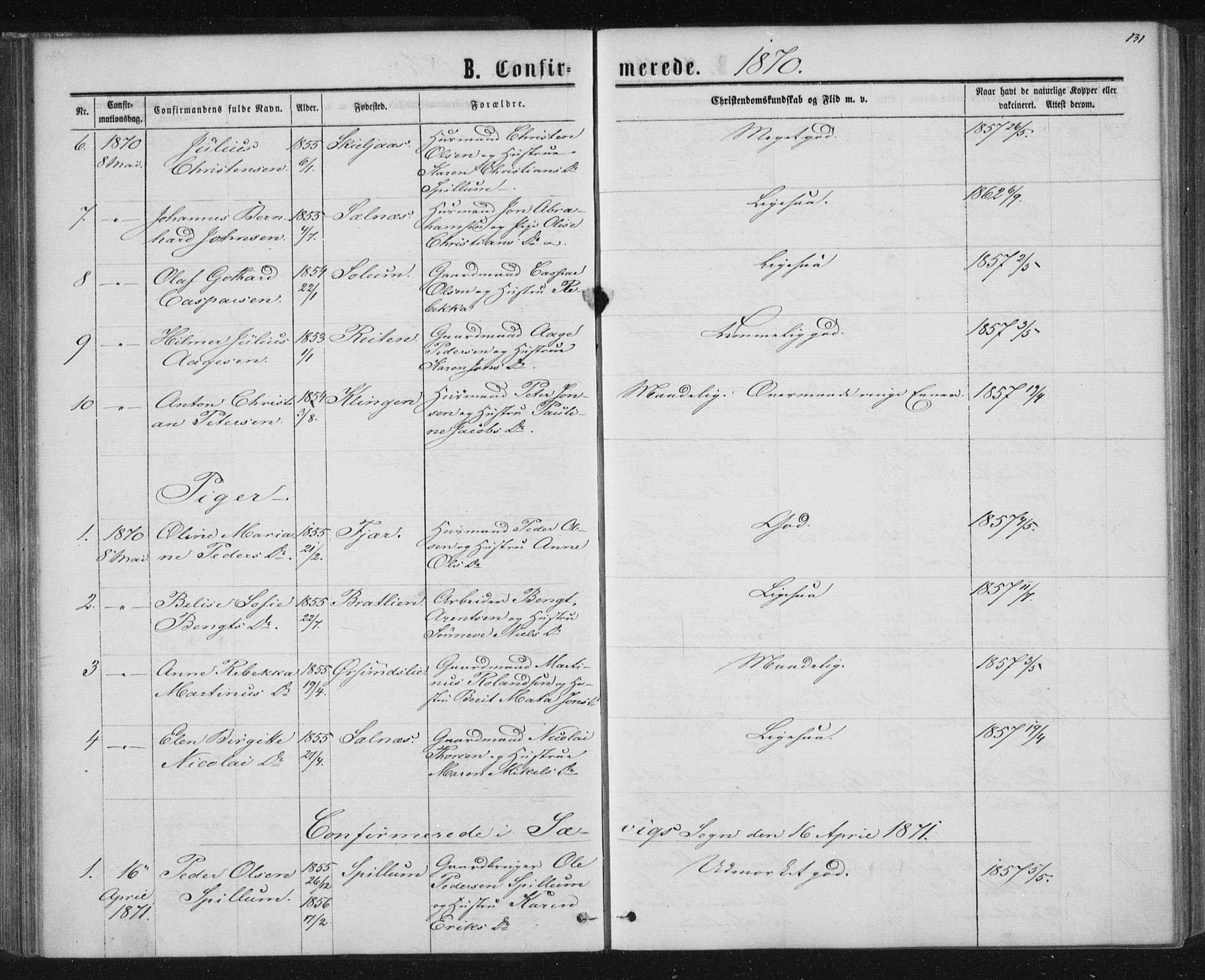 Ministerialprotokoller, klokkerbøker og fødselsregistre - Nord-Trøndelag, SAT/A-1458/768/L0570: Parish register (official) no. 768A05, 1865-1874, p. 131