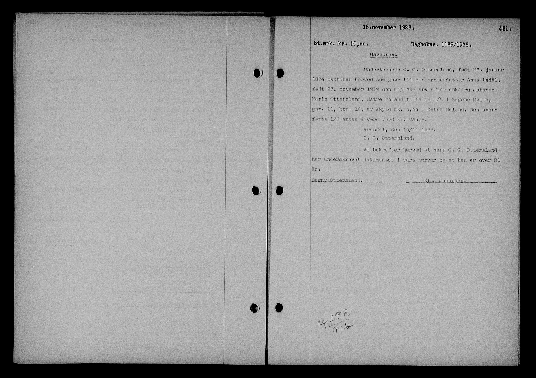 Nedenes sorenskriveri, SAK/1221-0006/G/Gb/Gba/L0045: Mortgage book no. 41, 1938-1938, Diary no: : 1189/1938