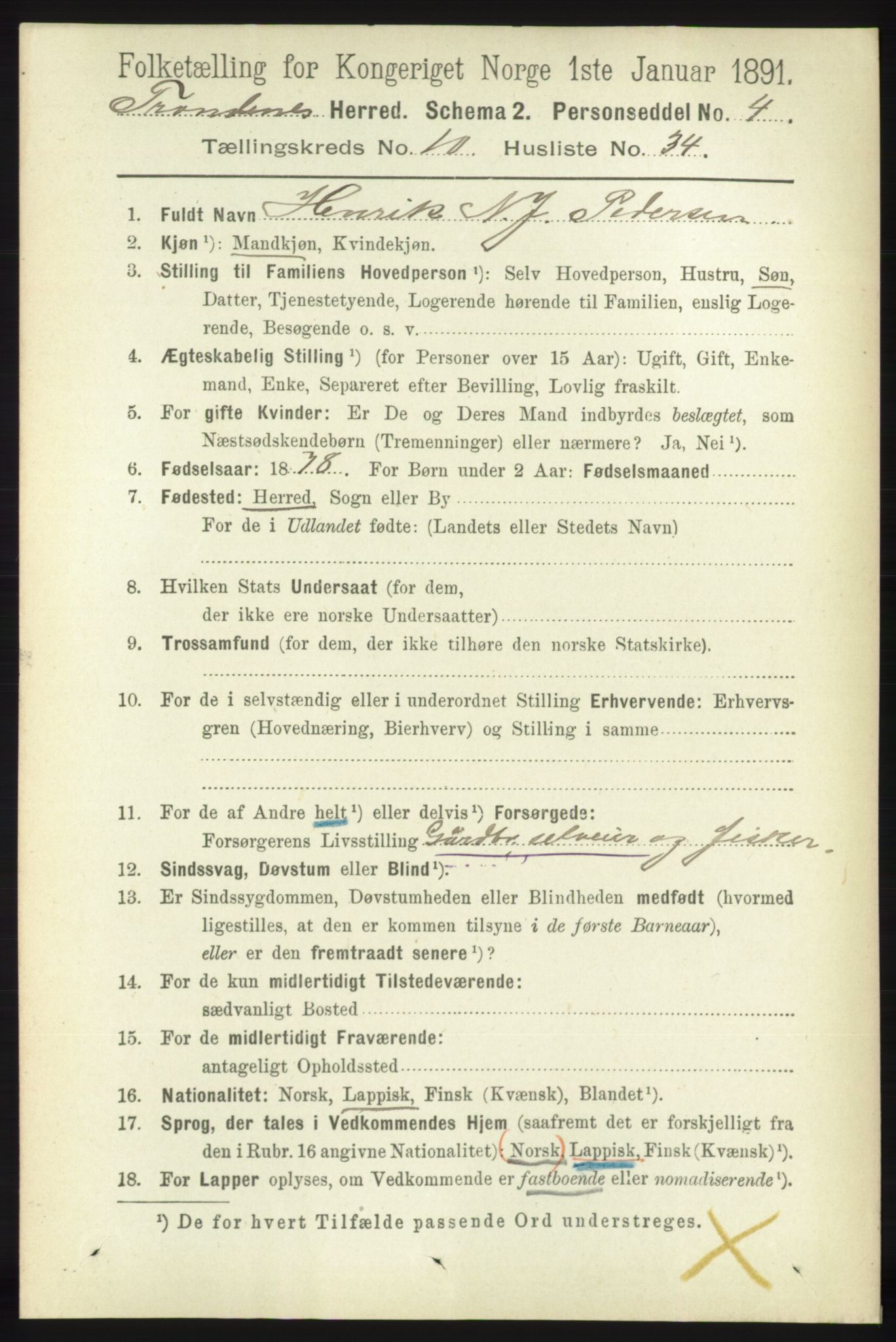 RA, 1891 census for 1914 Trondenes, 1891, p. 7734