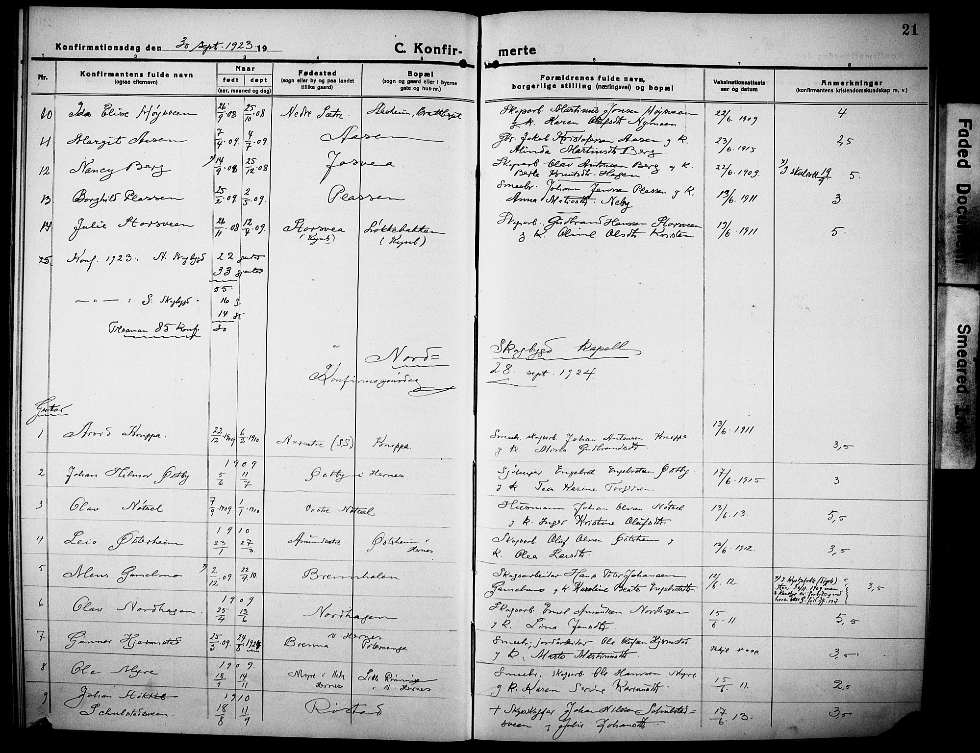 Elverum prestekontor, AV/SAH-PREST-044/H/Ha/Haa/L0017: Parish register (official) no. 17, 1921-1928, p. 21