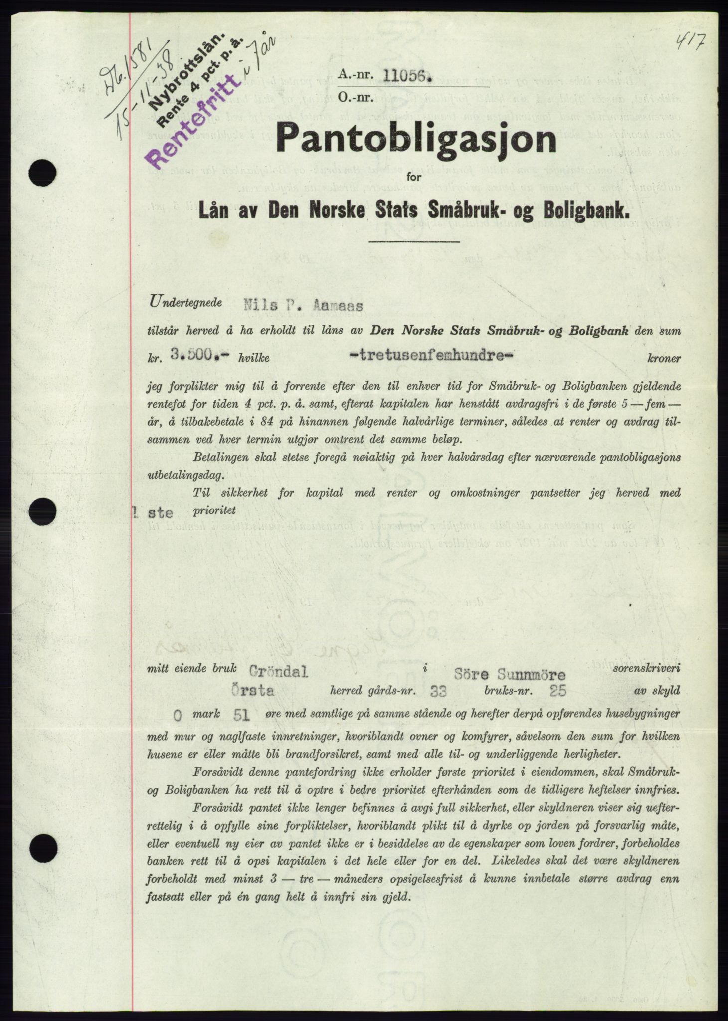 Søre Sunnmøre sorenskriveri, AV/SAT-A-4122/1/2/2C/L0066: Mortgage book no. 60, 1938-1938, Diary no: : 1581/1938