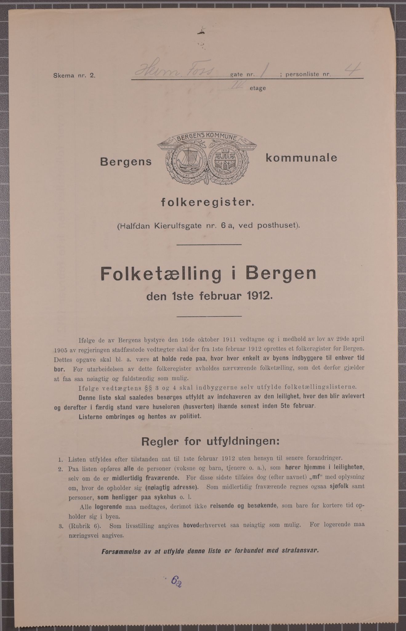 SAB, Municipal Census 1912 for Bergen, 1912, p. 2908