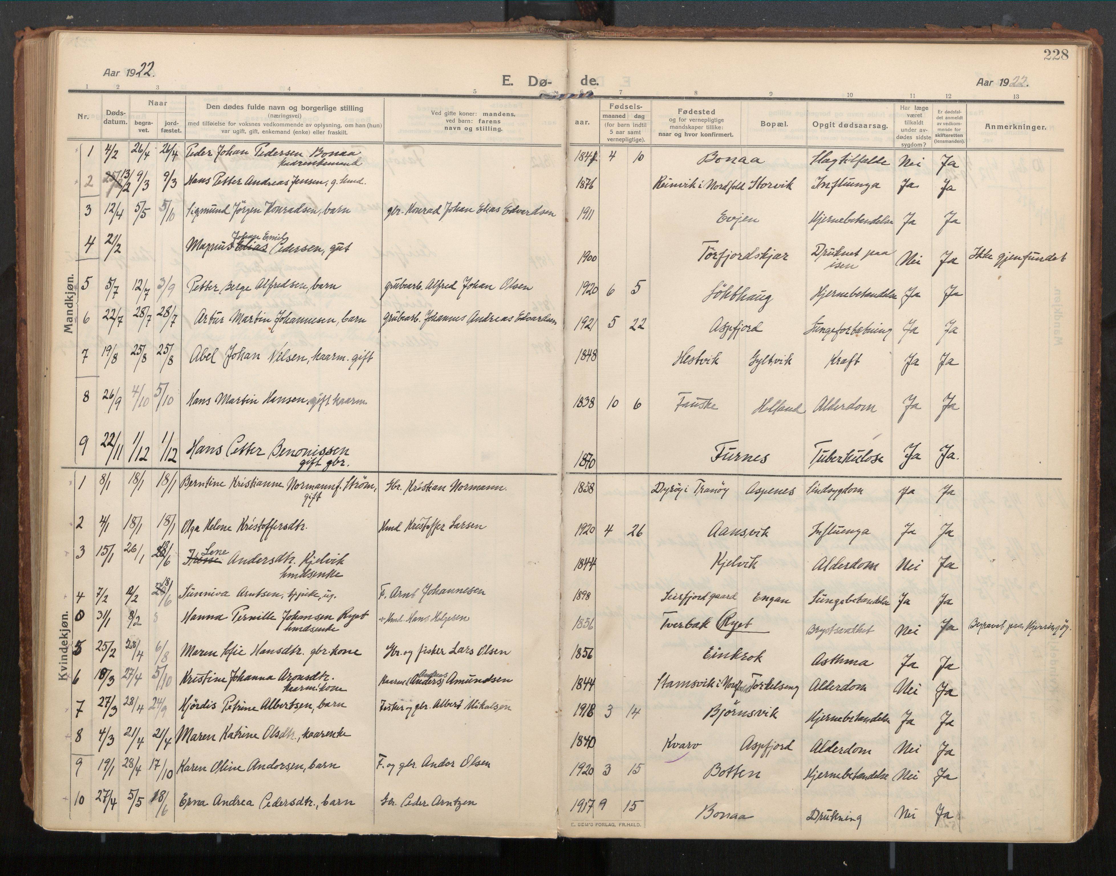 Ministerialprotokoller, klokkerbøker og fødselsregistre - Nordland, AV/SAT-A-1459/854/L0784: Parish register (official) no. 854A07, 1910-1922, p. 228