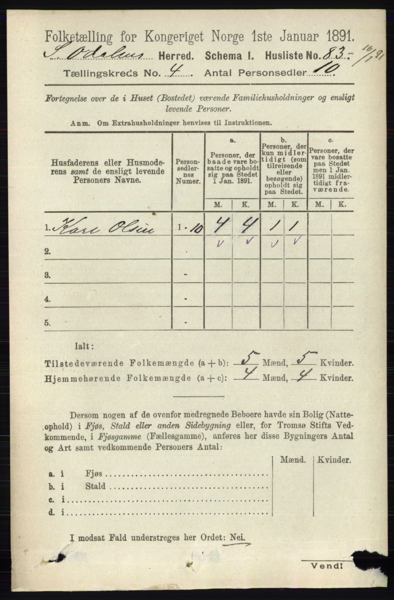 RA, 1891 census for 0419 Sør-Odal, 1891, p. 1737