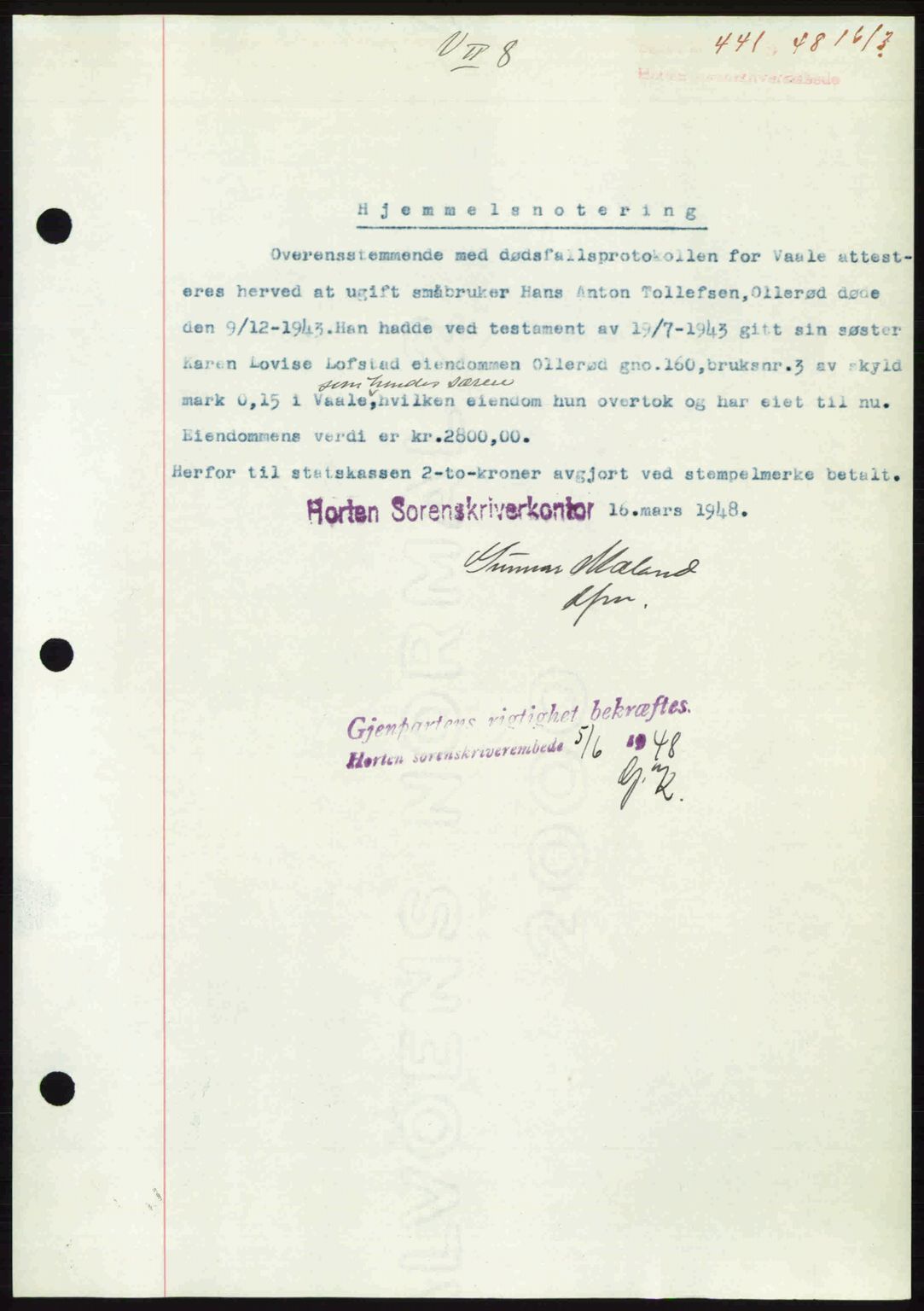 Horten sorenskriveri, AV/SAKO-A-133/G/Ga/Gaa/L0010: Mortgage book no. A-10, 1947-1948, Diary no: : 441/1948