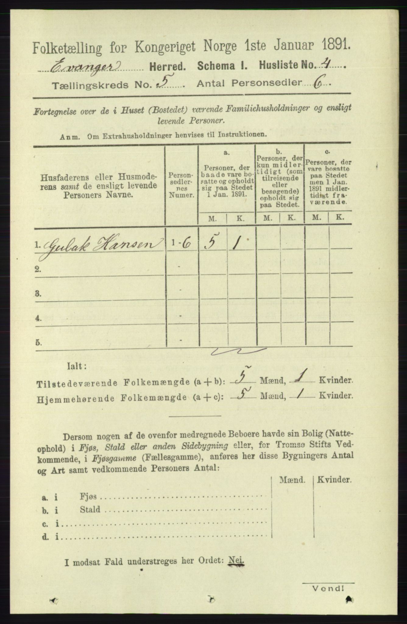 RA, 1891 census for 1237 Evanger, 1891, p. 1362