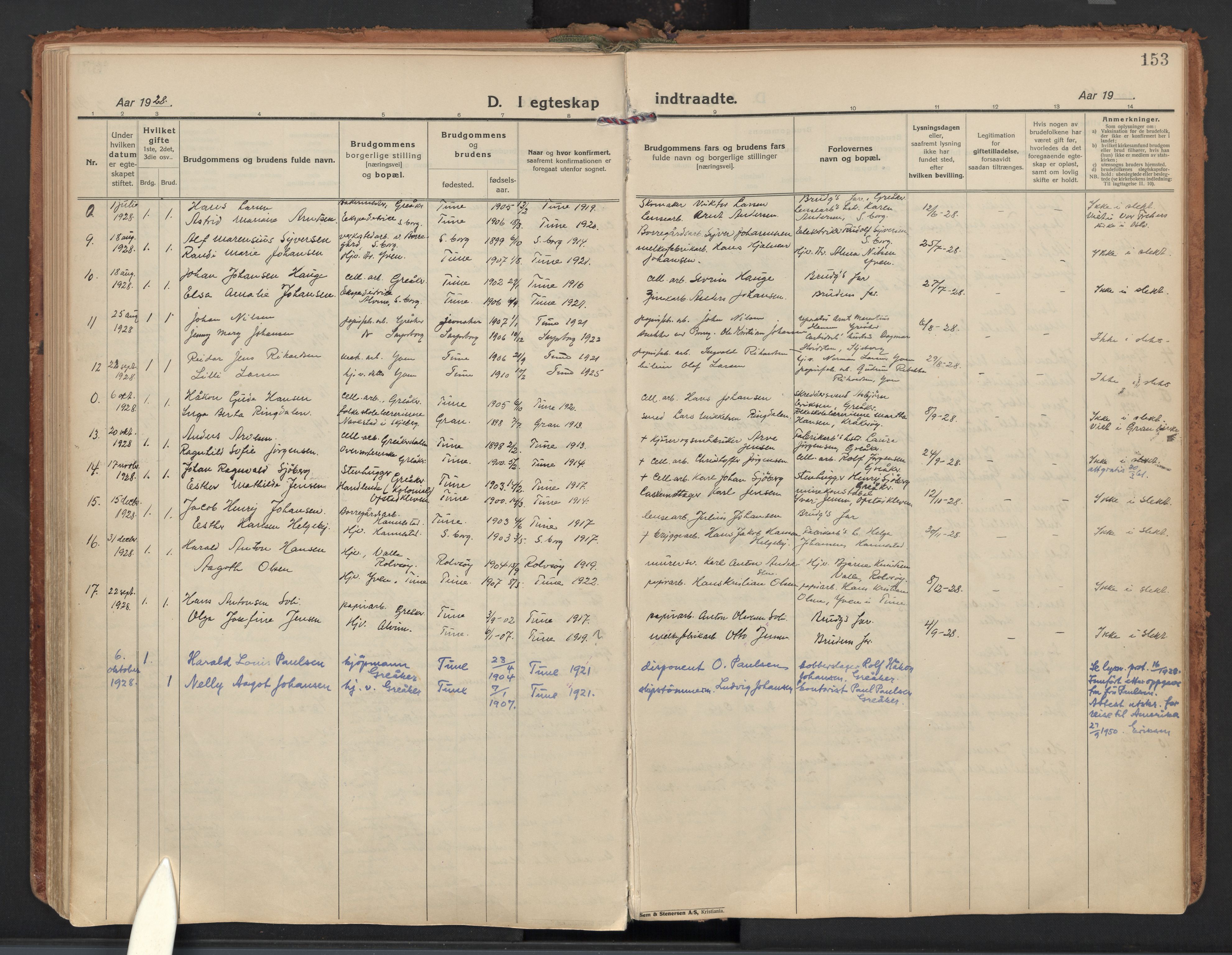 Tune prestekontor Kirkebøker, AV/SAO-A-2007/F/Fb/L0002: Curate's parish register no. 2, 1923-1940, p. 153