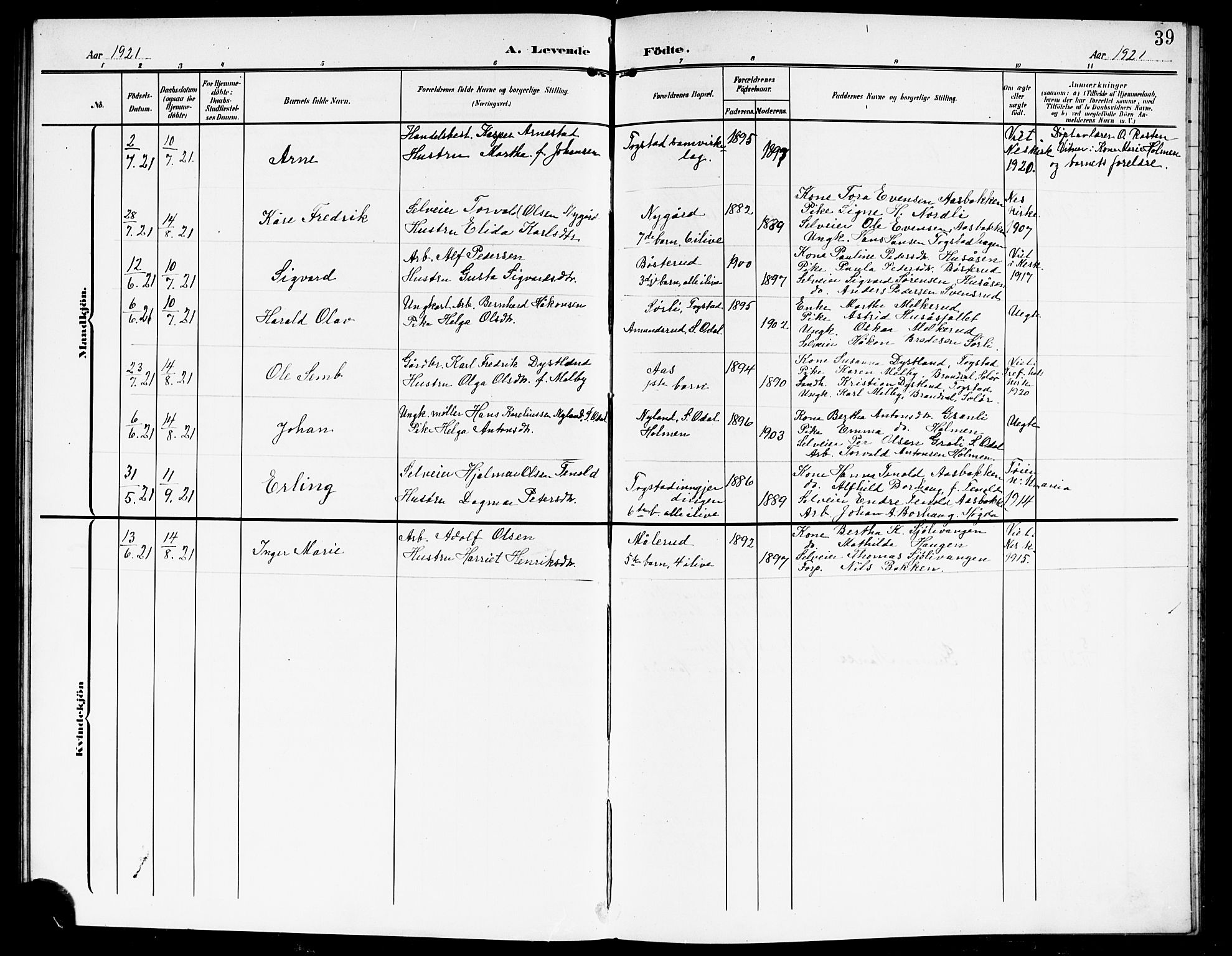 Nes prestekontor Kirkebøker, AV/SAO-A-10410/G/Gd/L0001: Parish register (copy) no. IV 1, 1907-1922, p. 39