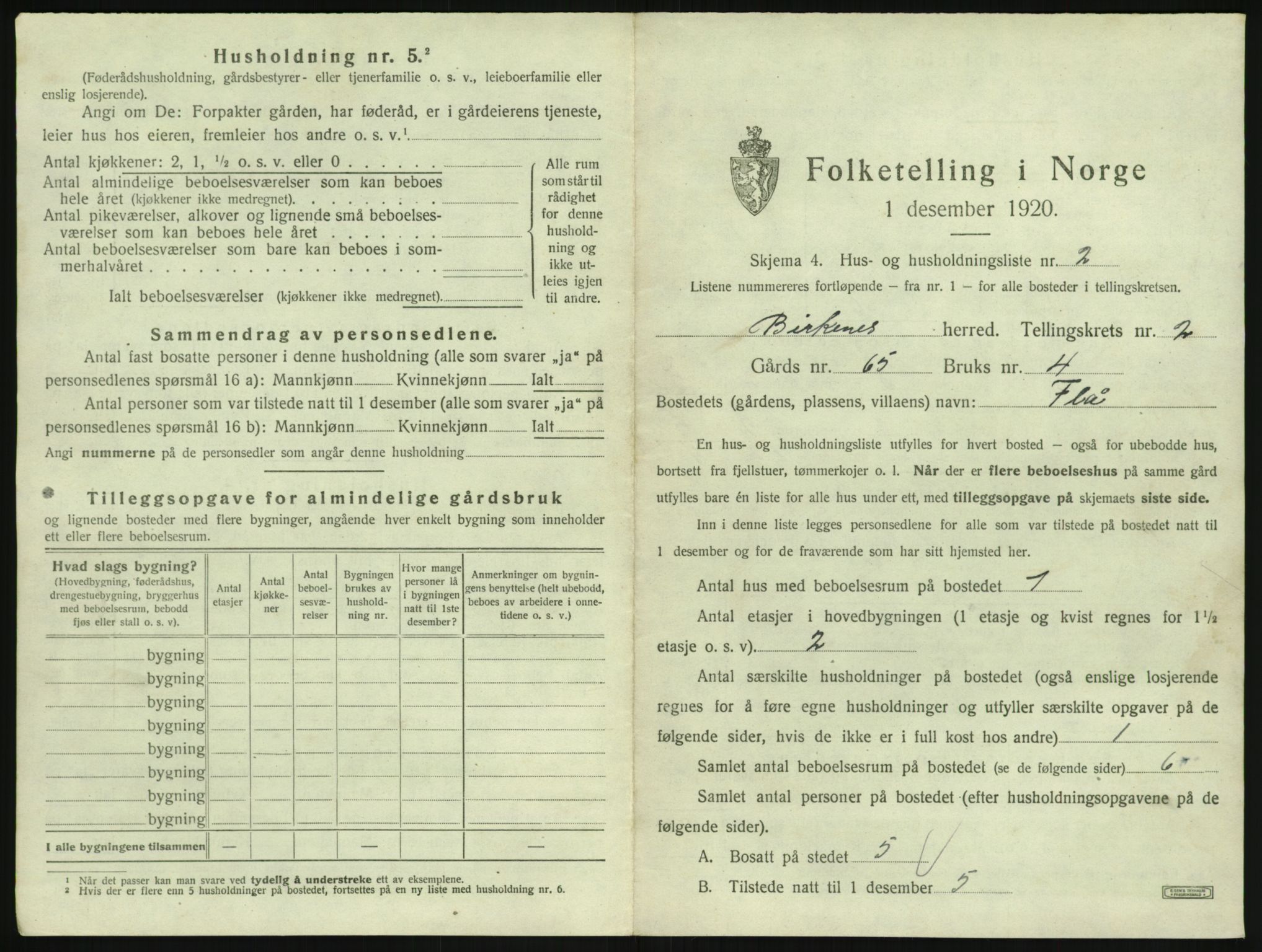 SAK, 1920 census for Birkenes, 1920, p. 93