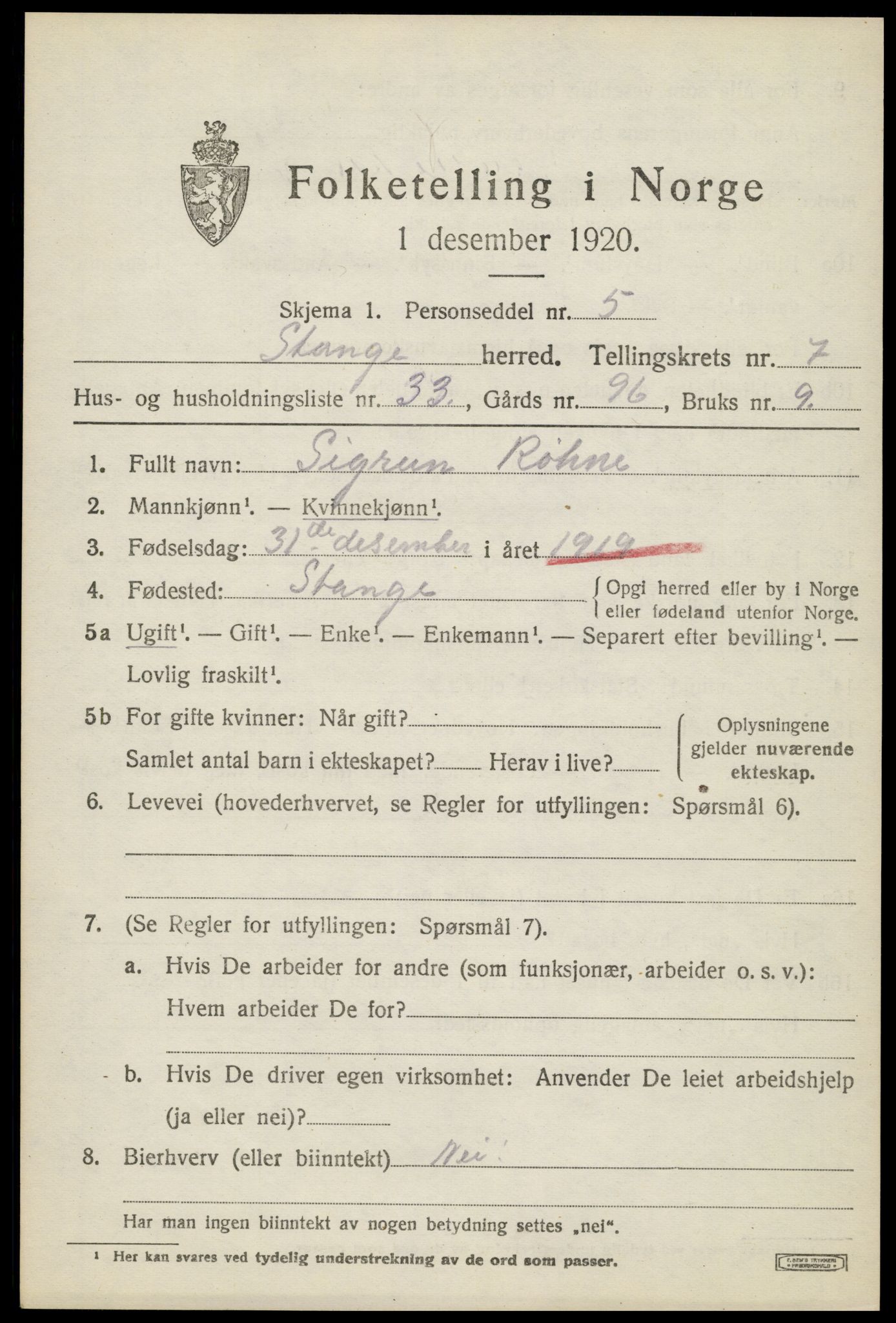 SAH, 1920 census for Stange, 1920, p. 12615