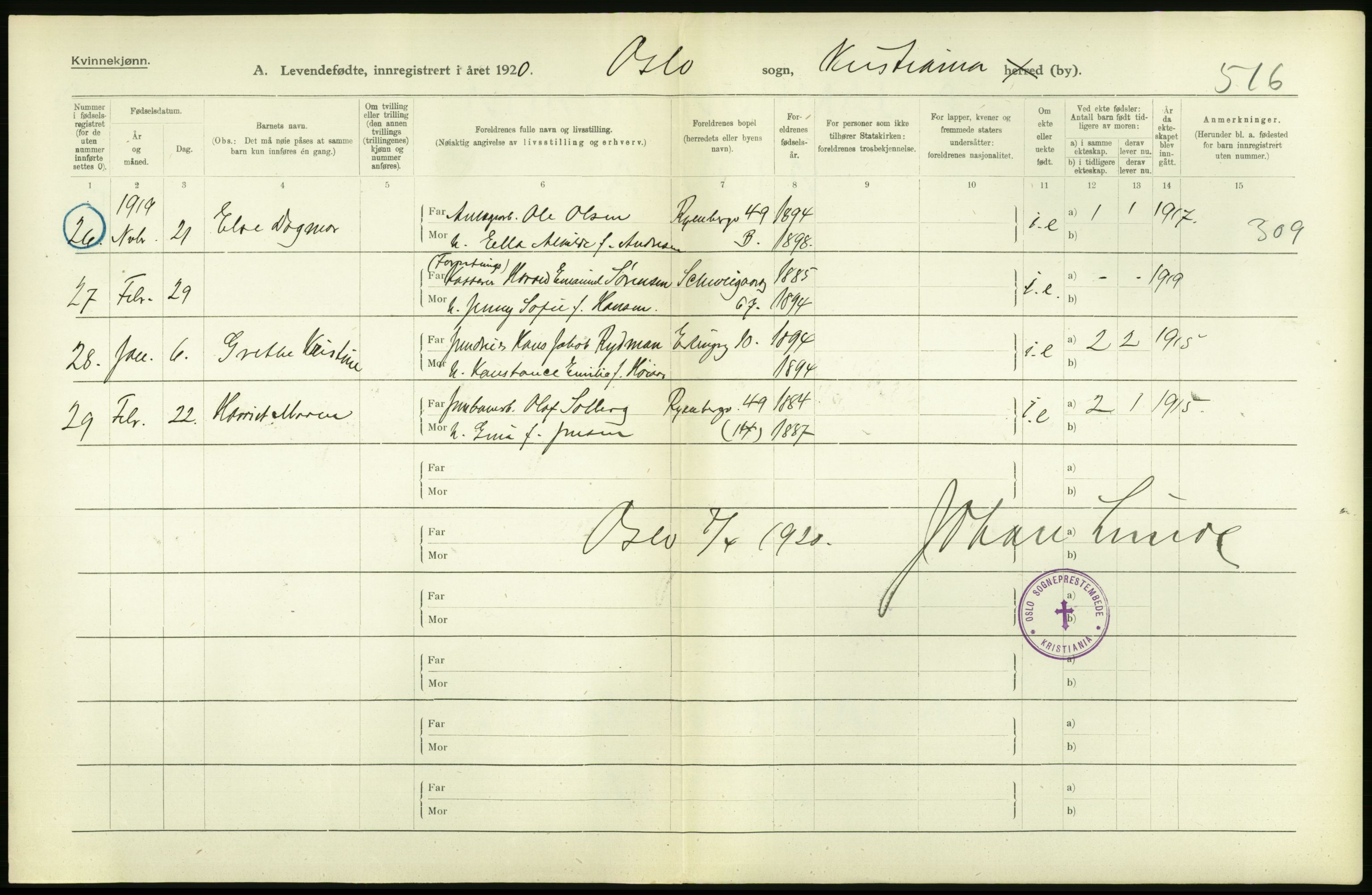 Statistisk sentralbyrå, Sosiodemografiske emner, Befolkning, AV/RA-S-2228/D/Df/Dfb/Dfbj/L0008: Kristiania: Levendefødte menn og kvinner., 1920, p. 32