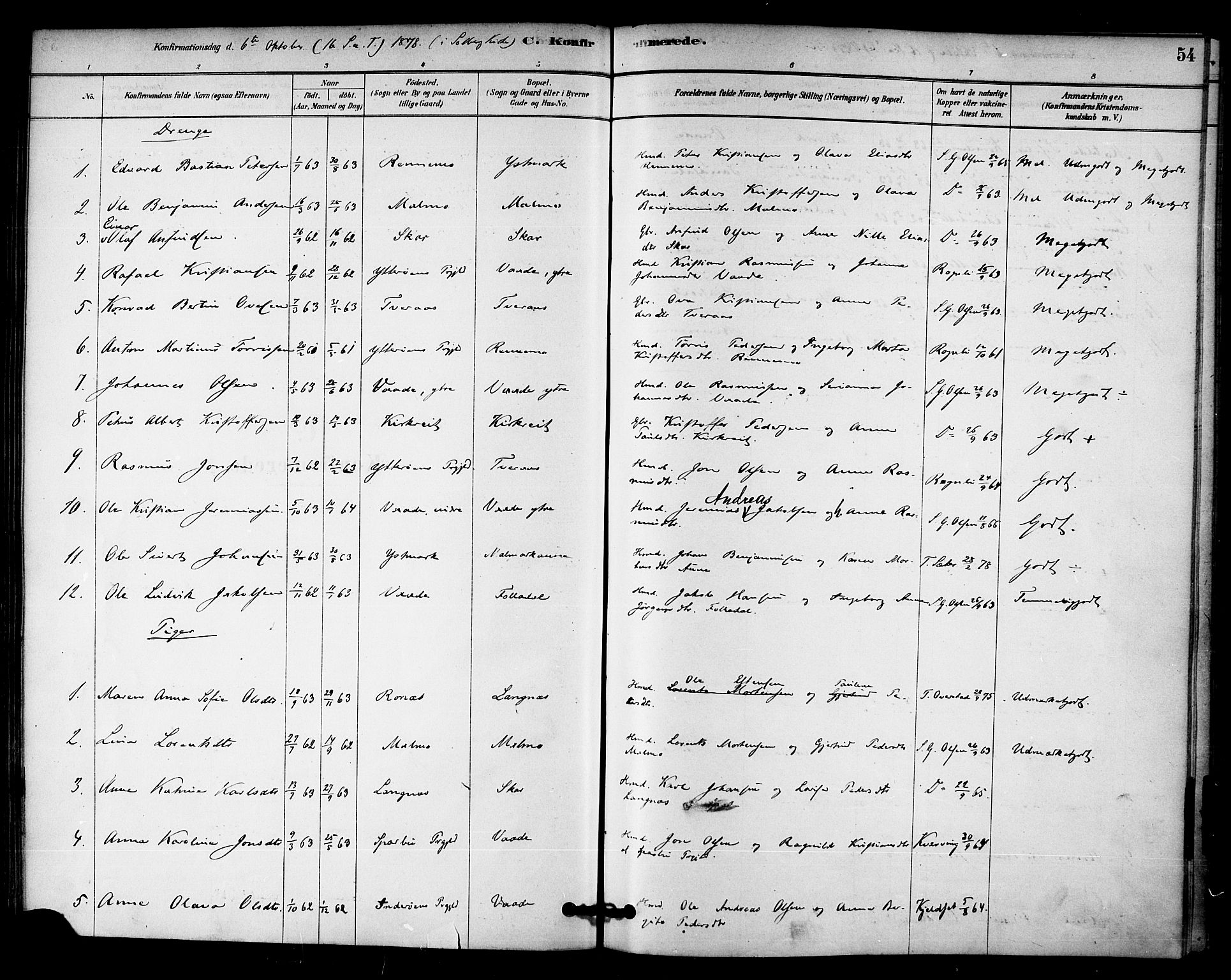 Ministerialprotokoller, klokkerbøker og fødselsregistre - Nord-Trøndelag, AV/SAT-A-1458/745/L0429: Parish register (official) no. 745A01, 1878-1894, p. 54