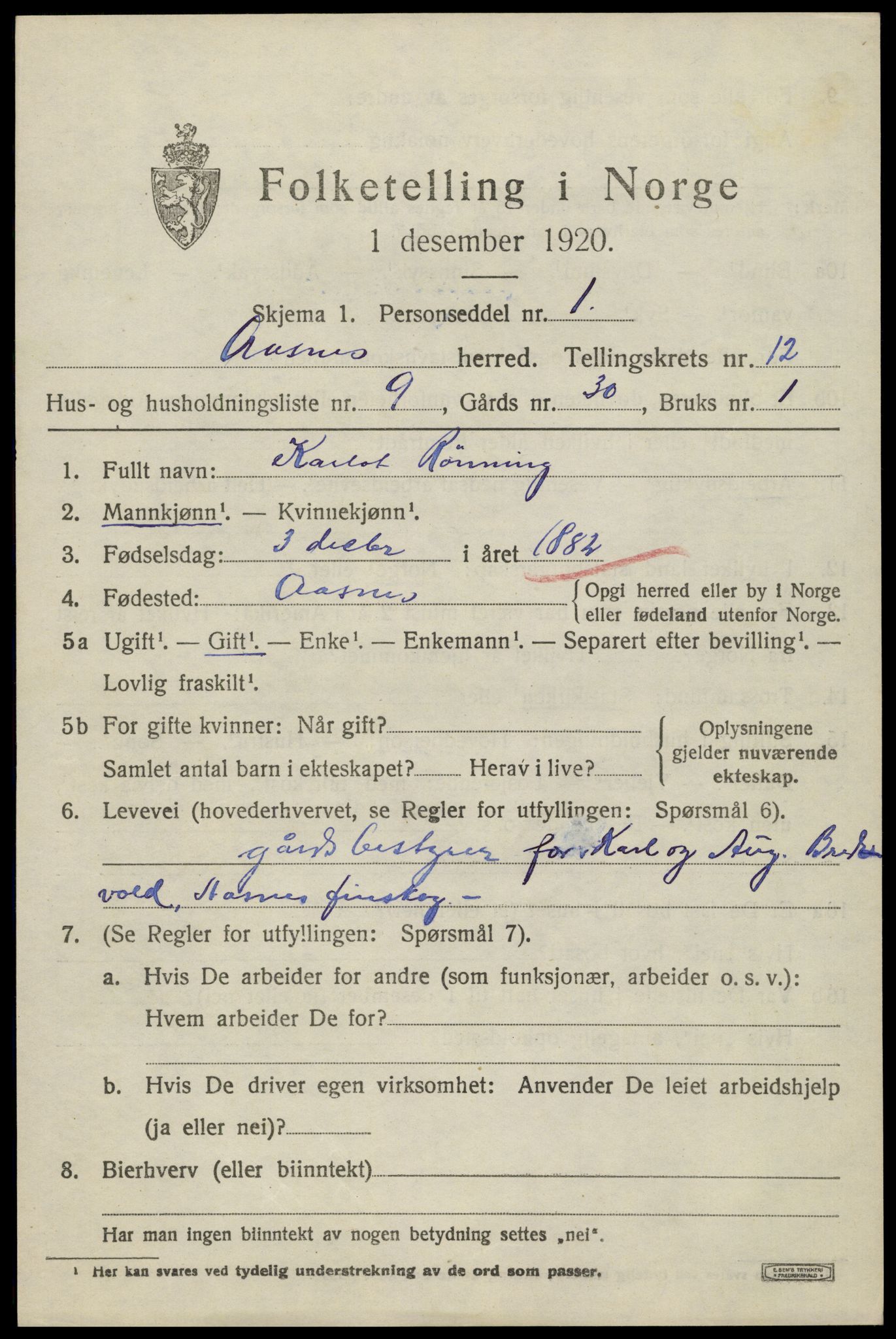 SAH, 1920 census for Åsnes, 1920, p. 12342