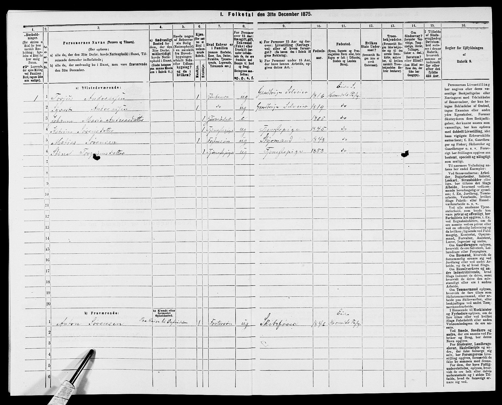 SAK, 1875 census for 0924P Homedal, 1875, p. 28