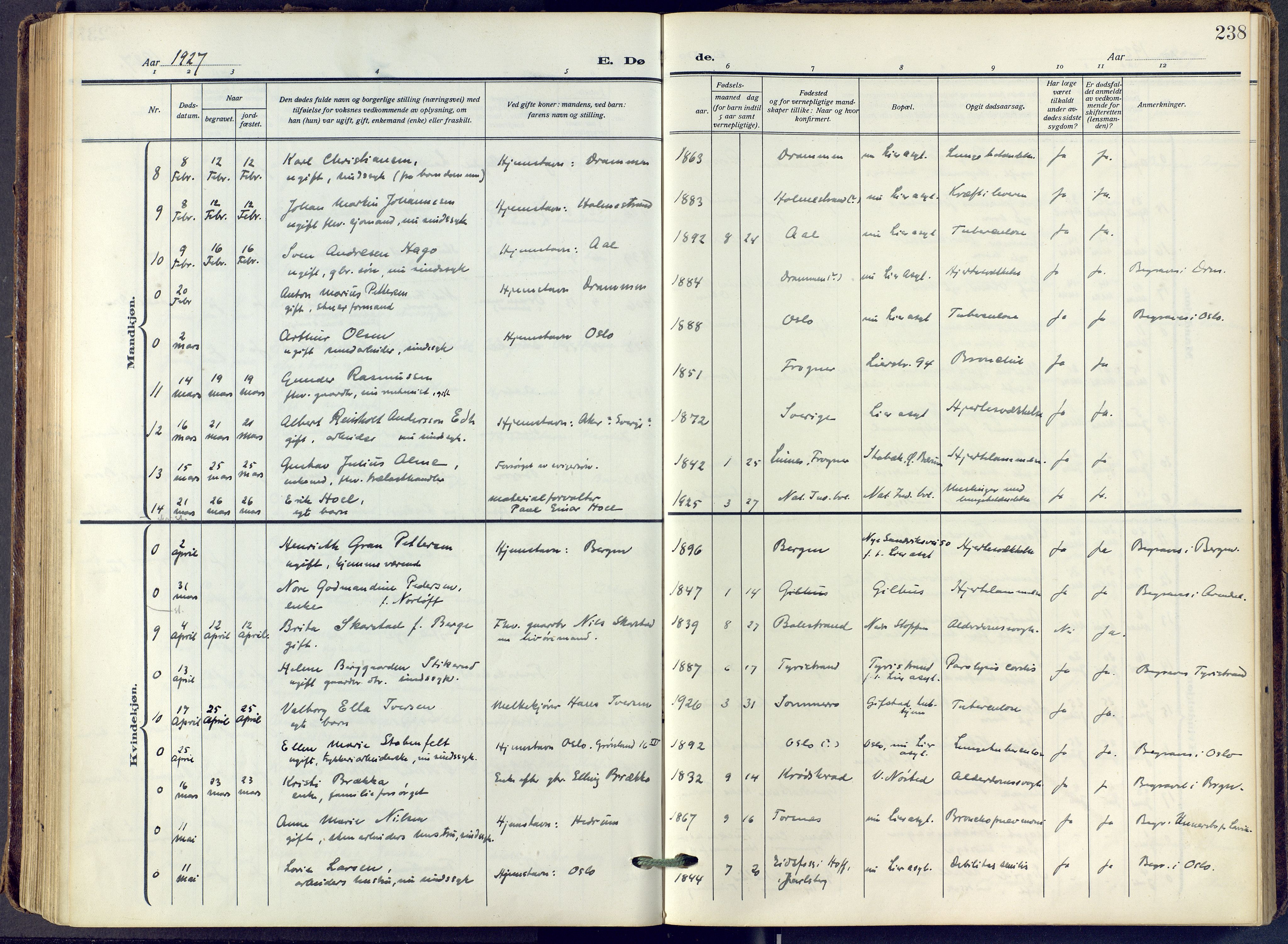 Lier kirkebøker, AV/SAKO-A-230/F/Fa/L0019: Parish register (official) no. I 19, 1918-1928, p. 238