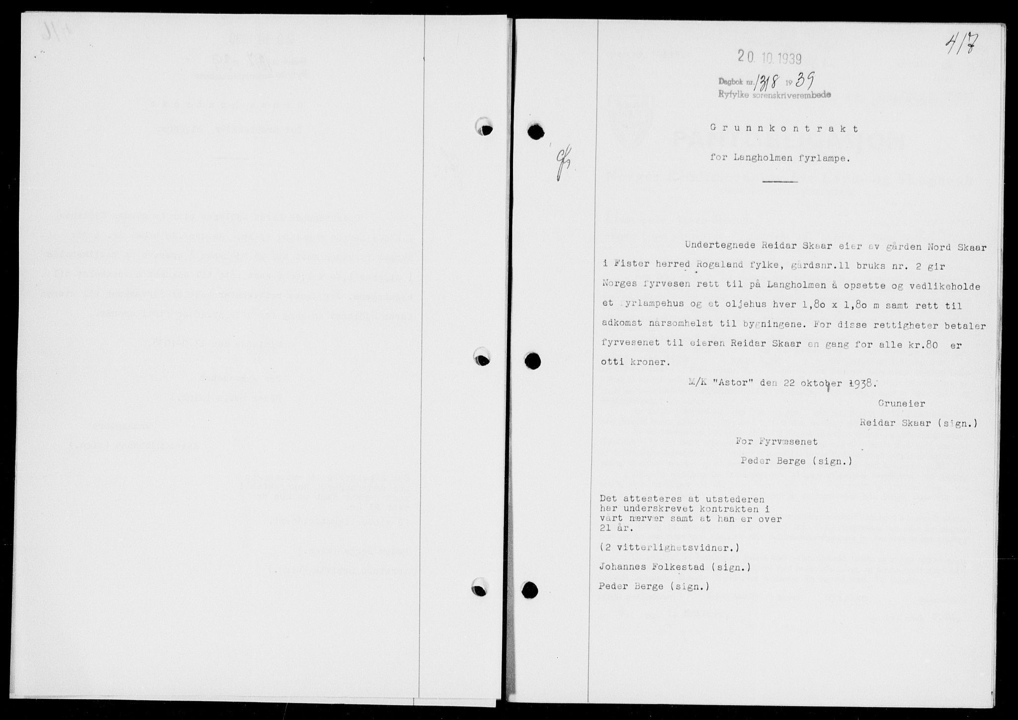 Ryfylke tingrett, SAST/A-100055/001/II/IIB/L0080: Mortgage book no. 59, 1939-1939, Diary no: : 1318/1939