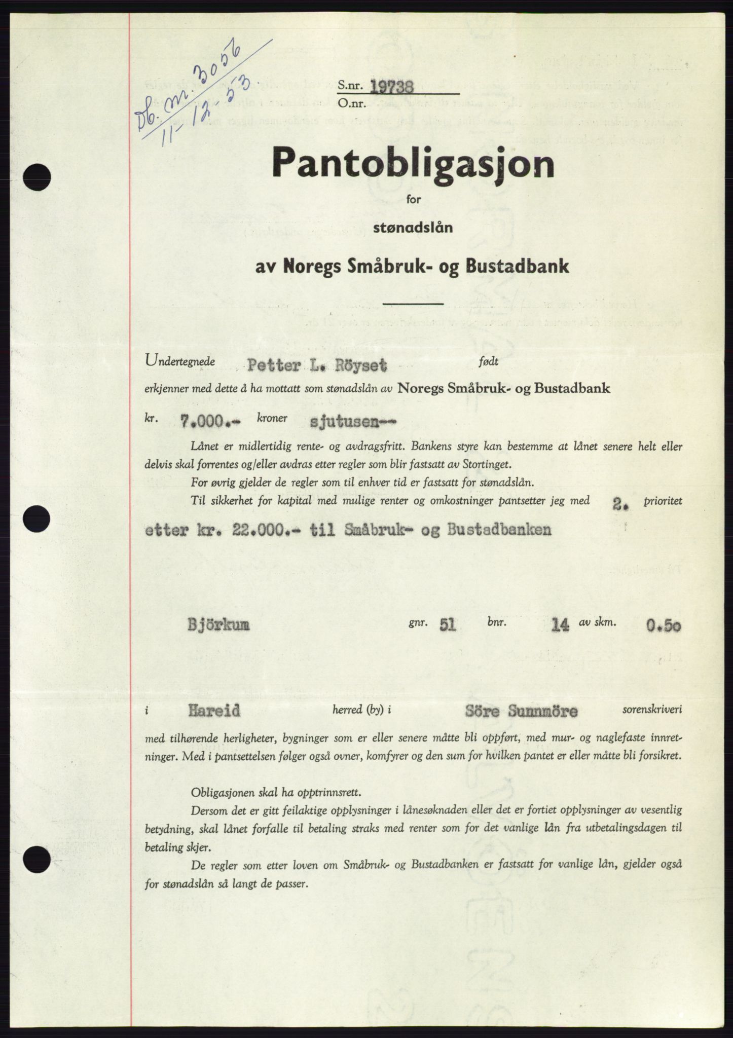 Søre Sunnmøre sorenskriveri, AV/SAT-A-4122/1/2/2C/L0124: Mortgage book no. 12B, 1953-1954, Diary no: : 3056/1953