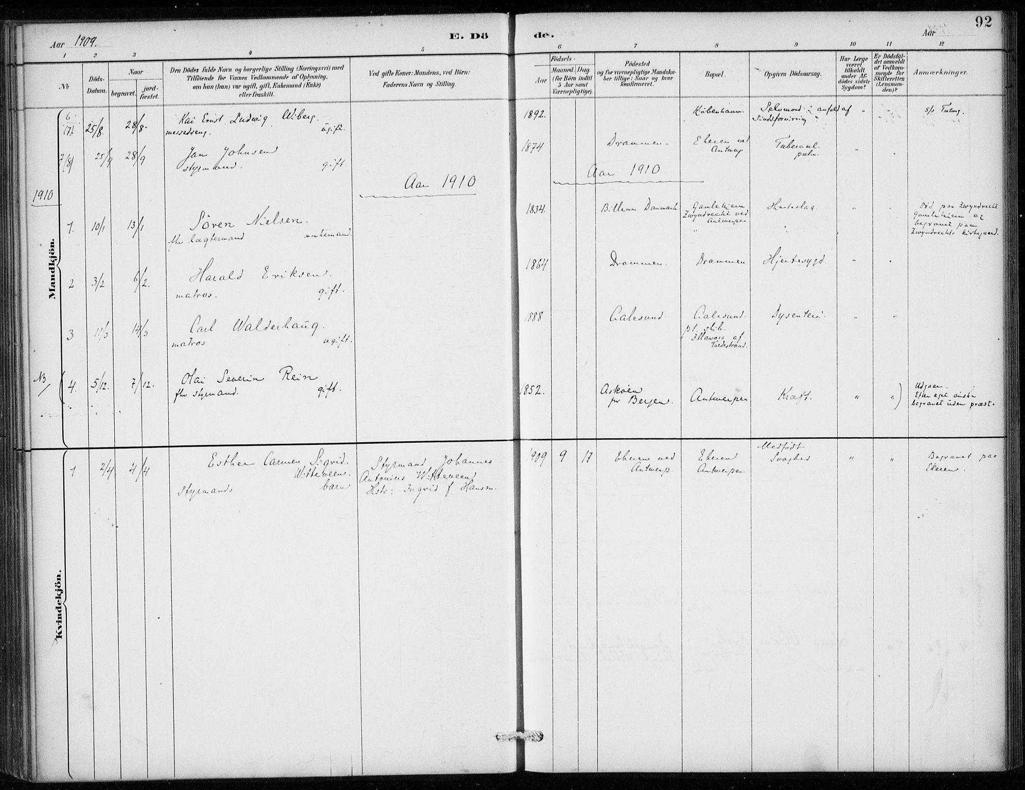 Den norske sjømannsmisjon i utlandet/Antwerpen, SAB/SAB/PA-0105/H/Ha/L0002: Parish register (official) no. A 2, 1887-1913, p. 92