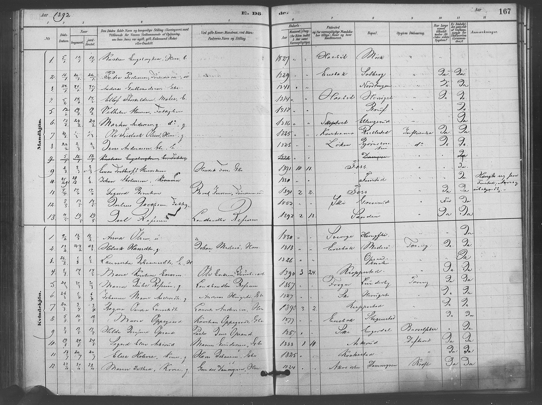 Kråkstad prestekontor Kirkebøker, SAO/A-10125a/F/Fb/L0001: Parish register (official) no. II 1, 1880-1892, p. 167