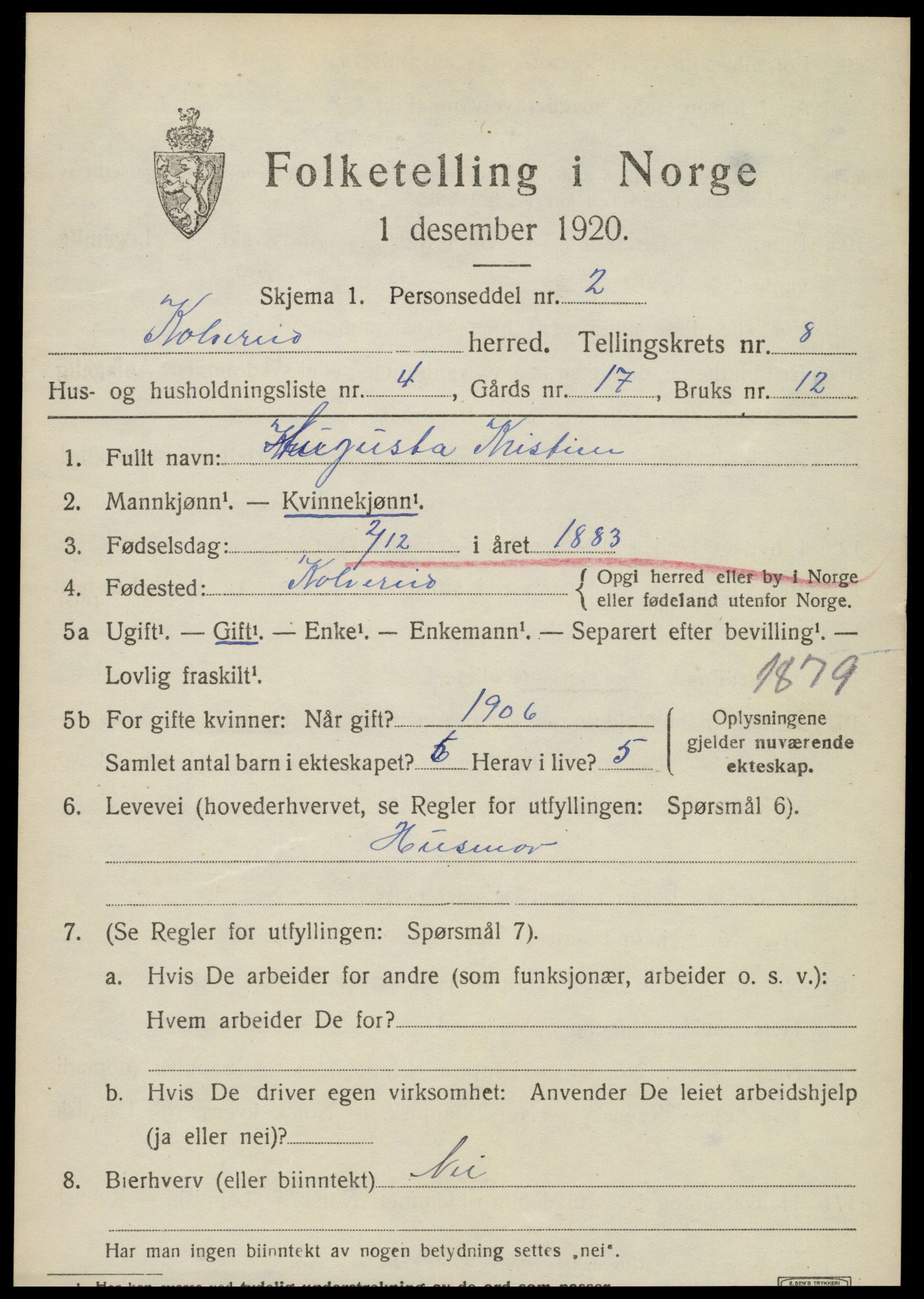 SAT, 1920 census for Kolvereid, 1920, p. 5119