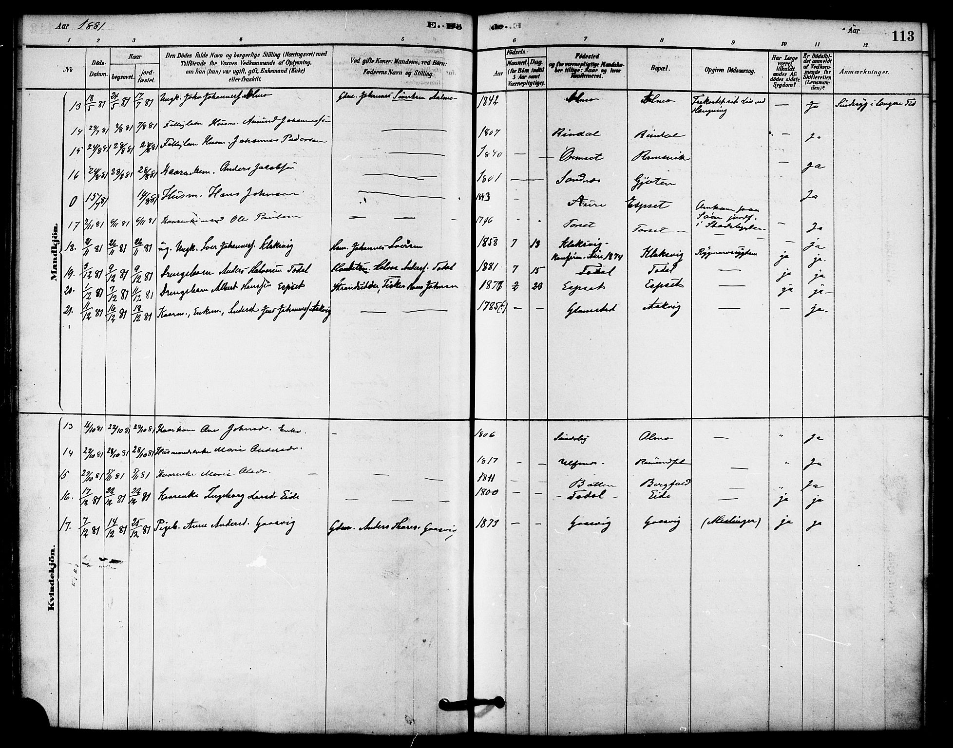 Ministerialprotokoller, klokkerbøker og fødselsregistre - Møre og Romsdal, AV/SAT-A-1454/578/L0906: Parish register (official) no. 578A05, 1878-1886, p. 113