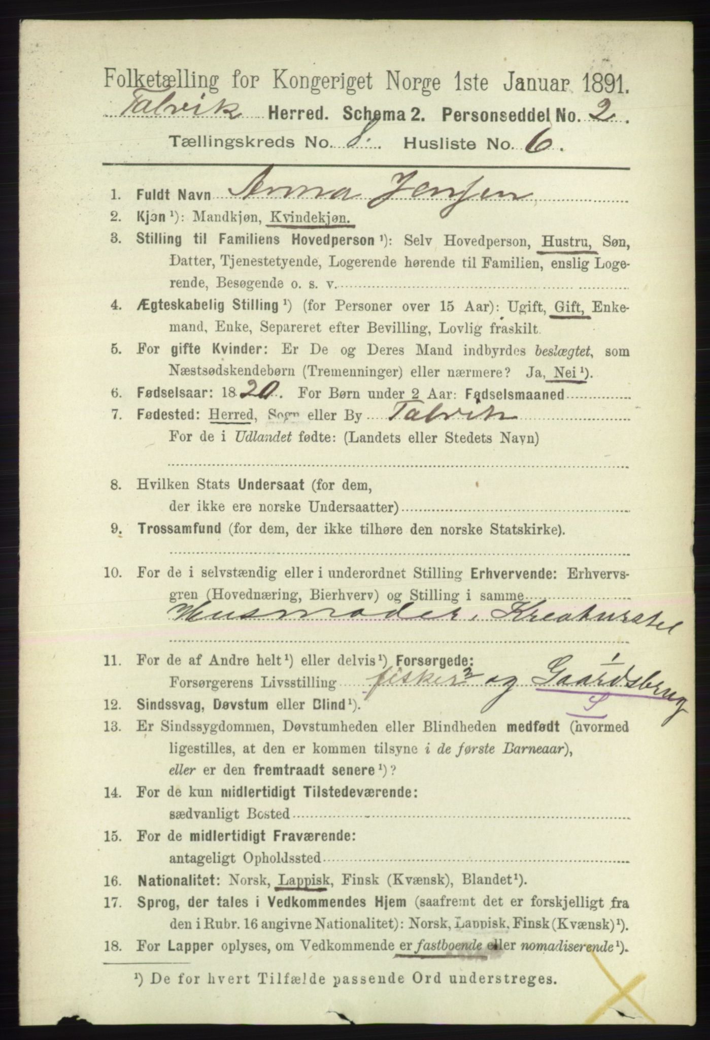 RA, 1891 census for 2013 Talvik, 1891, p. 2081