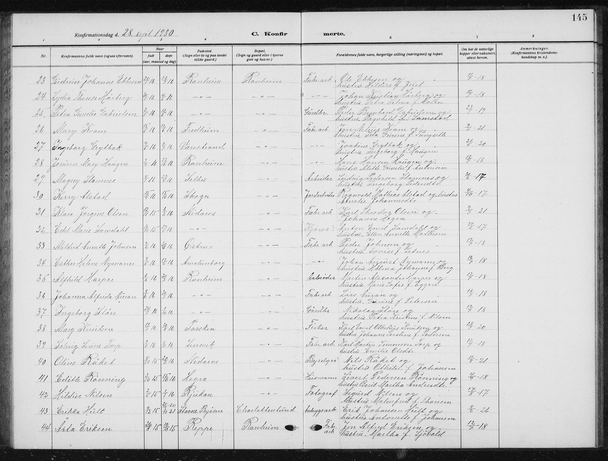 Ministerialprotokoller, klokkerbøker og fødselsregistre - Sør-Trøndelag, SAT/A-1456/615/L0401: Parish register (copy) no. 615C02, 1922-1941, p. 145