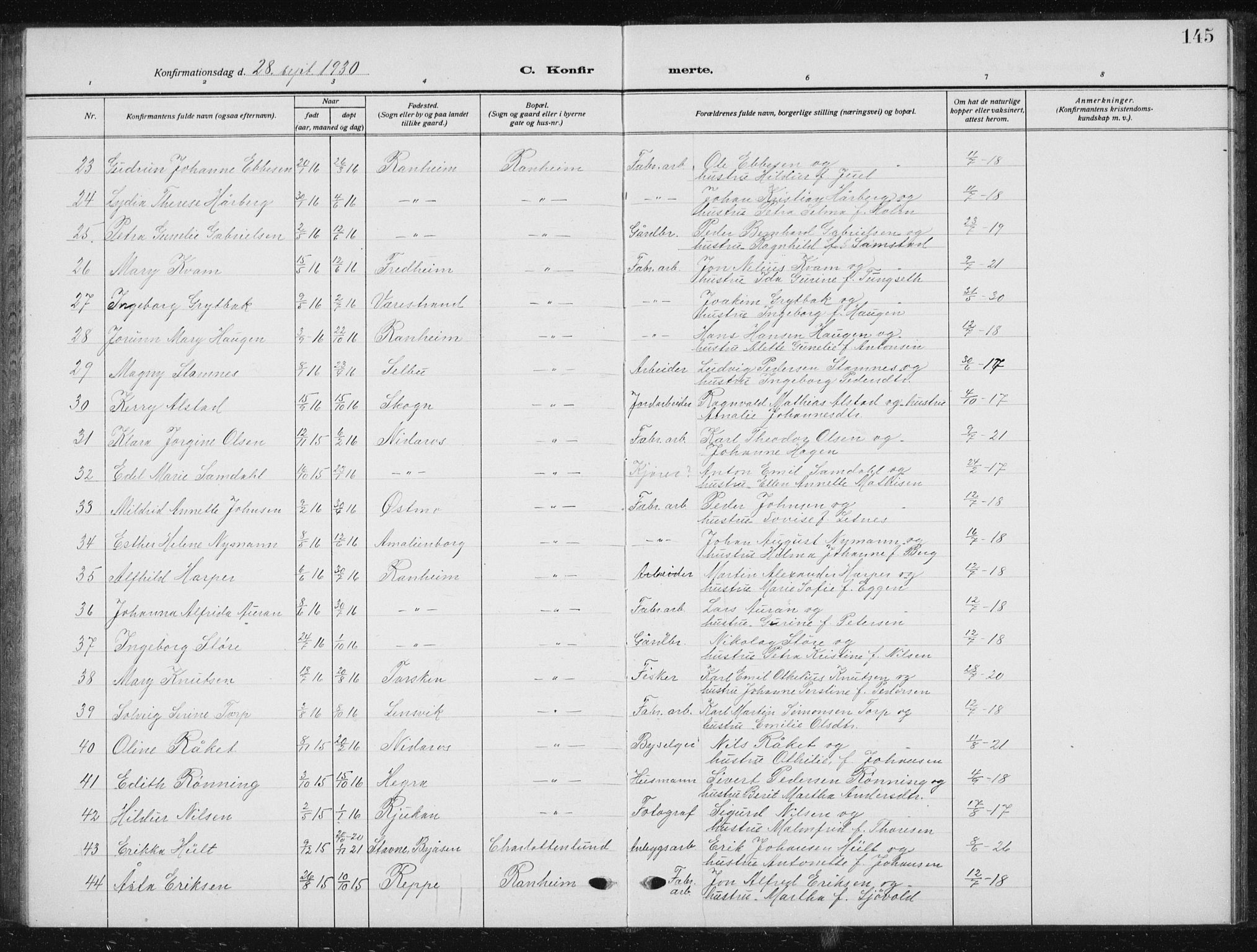 Ministerialprotokoller, klokkerbøker og fødselsregistre - Sør-Trøndelag, AV/SAT-A-1456/615/L0401: Parish register (copy) no. 615C02, 1922-1941, p. 145