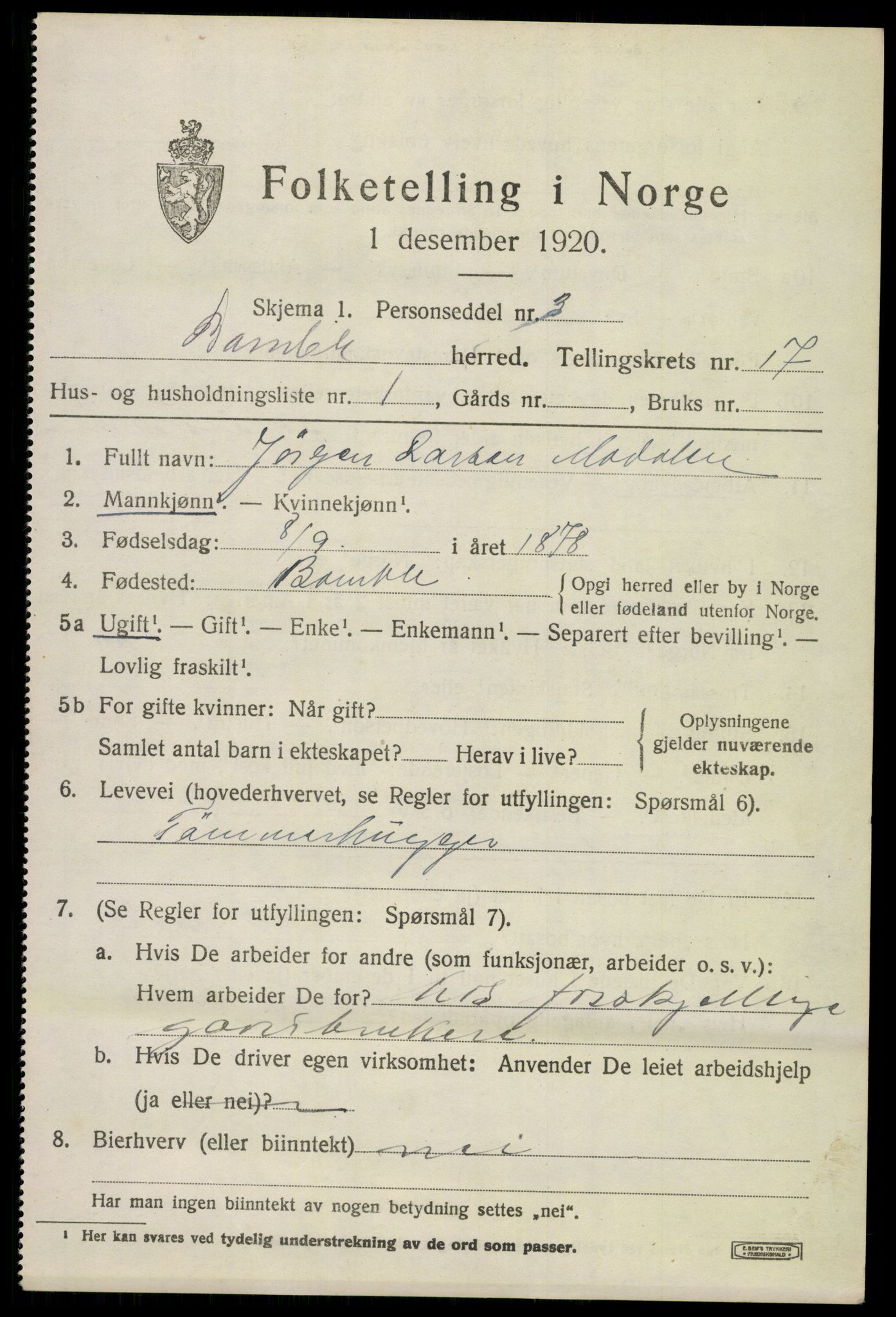 SAKO, 1920 census for Bamble, 1920, p. 11479