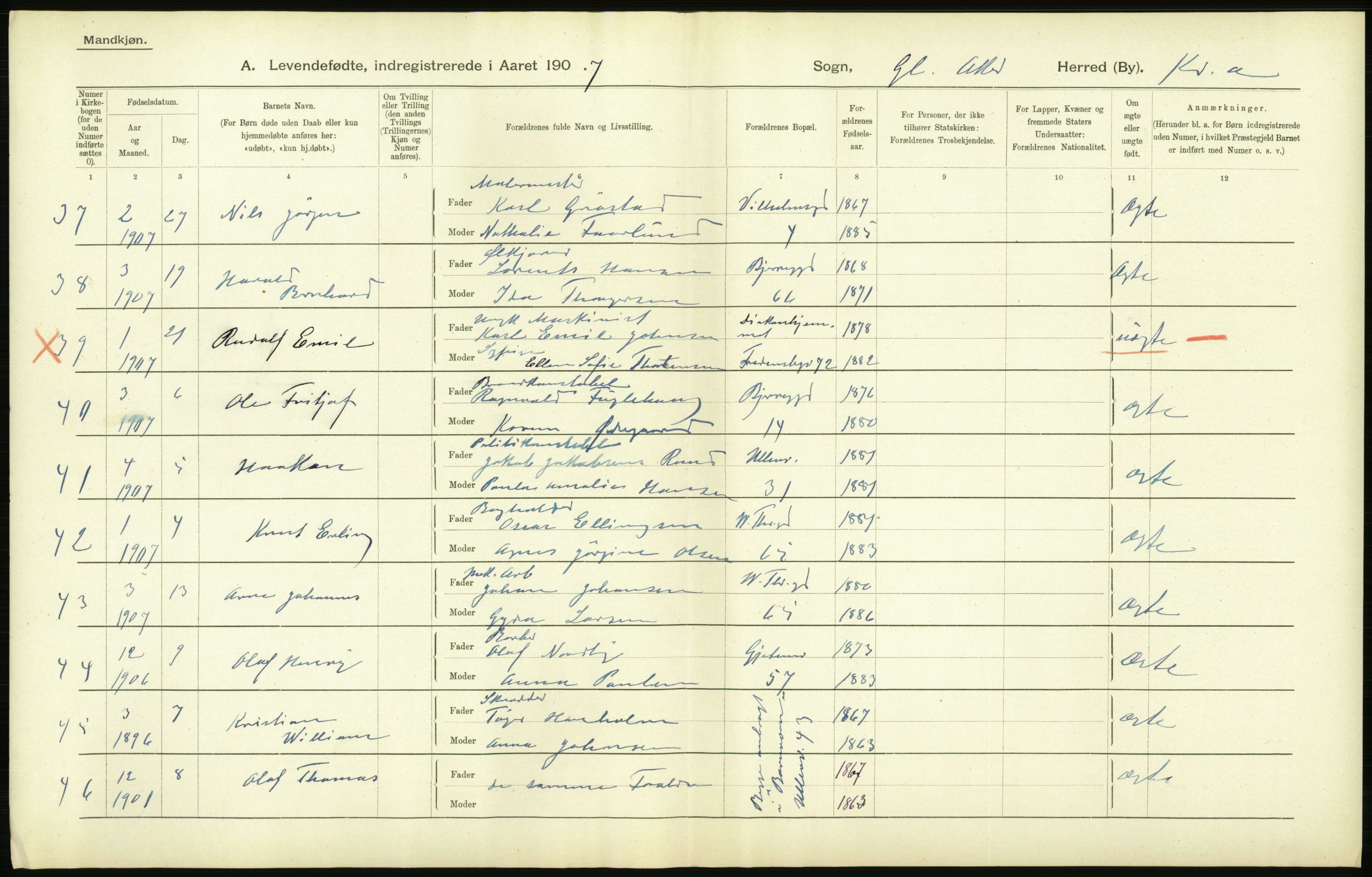 Statistisk sentralbyrå, Sosiodemografiske emner, Befolkning, AV/RA-S-2228/D/Df/Dfa/Dfae/L0006: Kristiania: Levendefødte menn og kvinner., 1907, p. 120