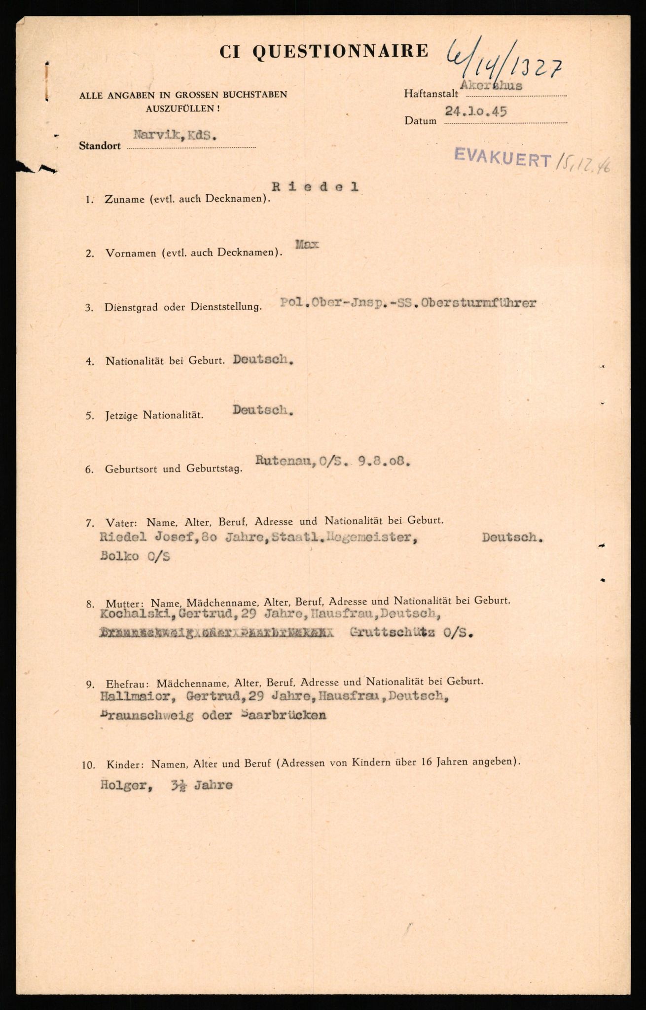 Forsvaret, Forsvarets overkommando II, AV/RA-RAFA-3915/D/Db/L0027: CI Questionaires. Tyske okkupasjonsstyrker i Norge. Tyskere., 1945-1946, p. 368