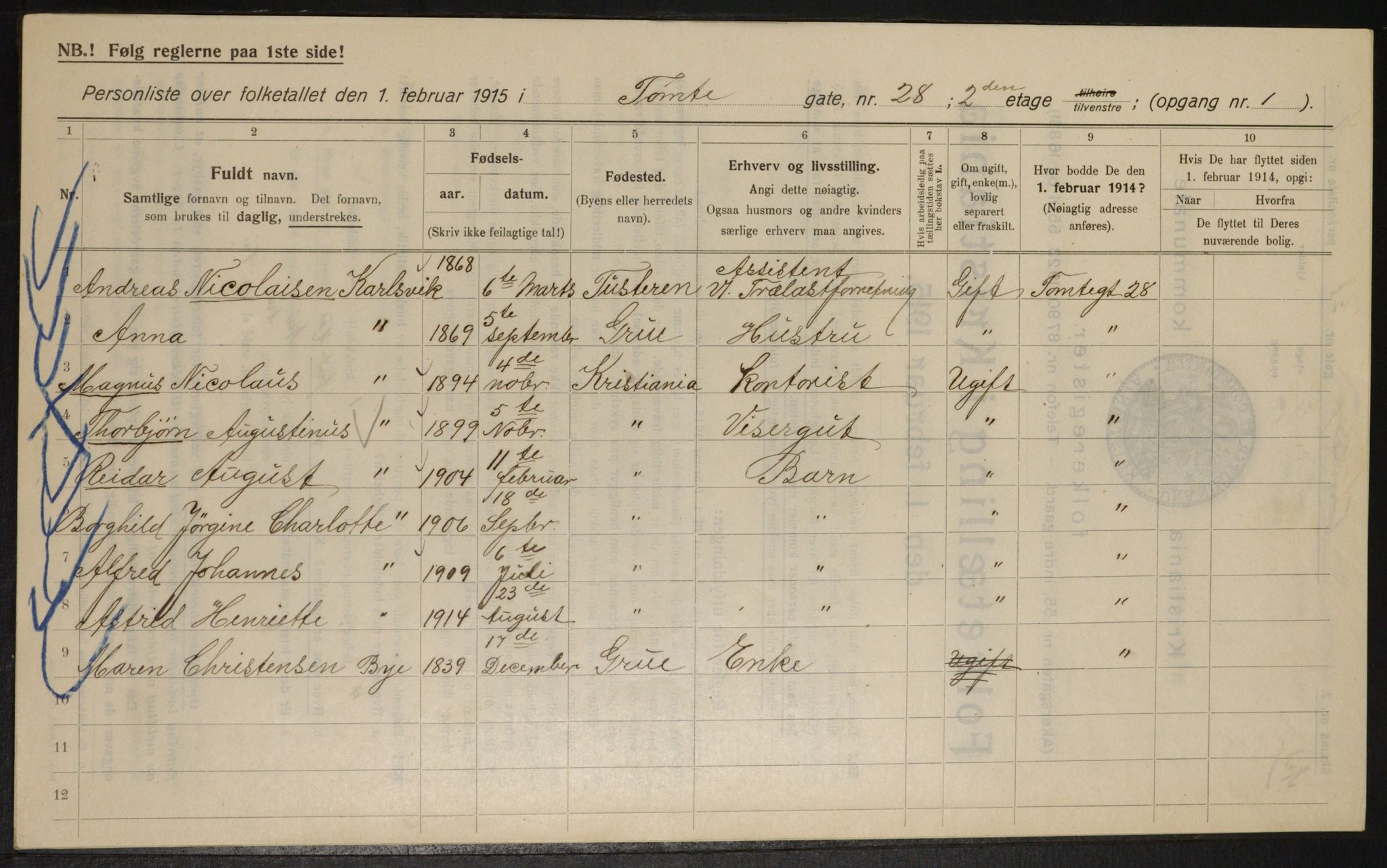 OBA, Municipal Census 1915 for Kristiania, 1915, p. 114043