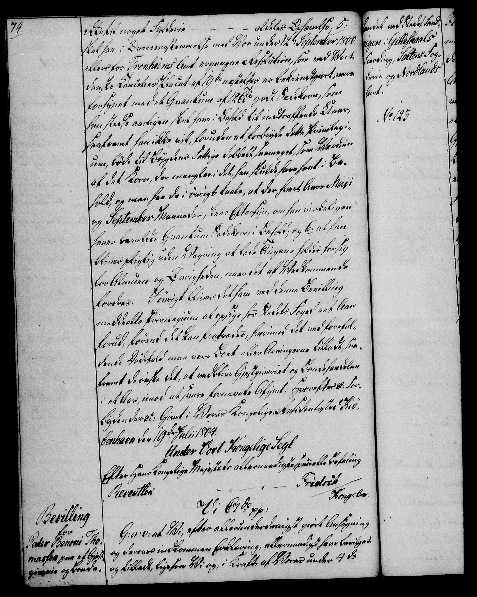 Rentekammeret, Kammerkanselliet, AV/RA-EA-3111/G/Gg/Gga/L0018: Norsk ekspedisjonsprotokoll med register (merket RK 53.18), 1804-1806, p. 74