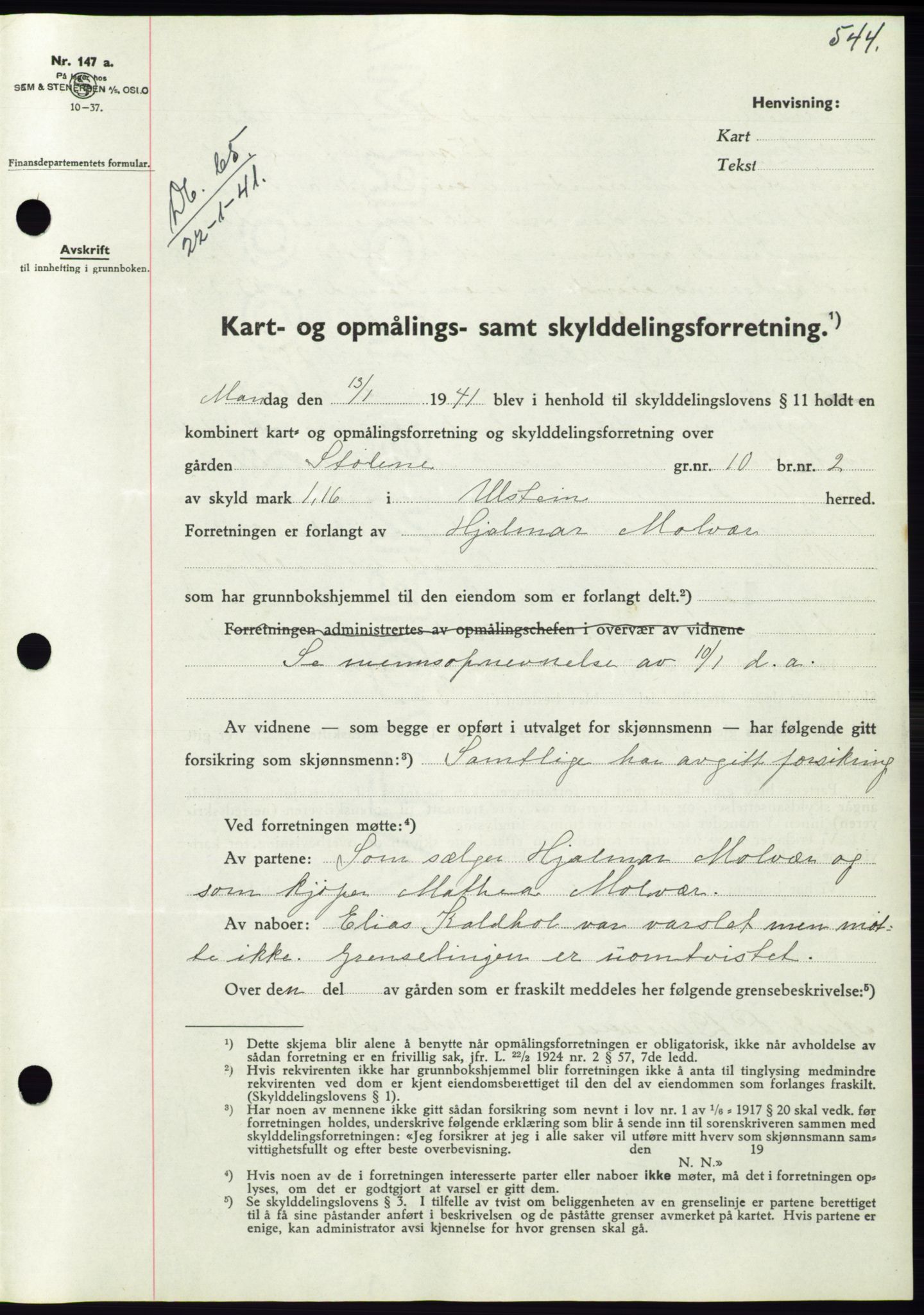 Søre Sunnmøre sorenskriveri, AV/SAT-A-4122/1/2/2C/L0070: Mortgage book no. 64, 1940-1941, Diary no: : 65/1941