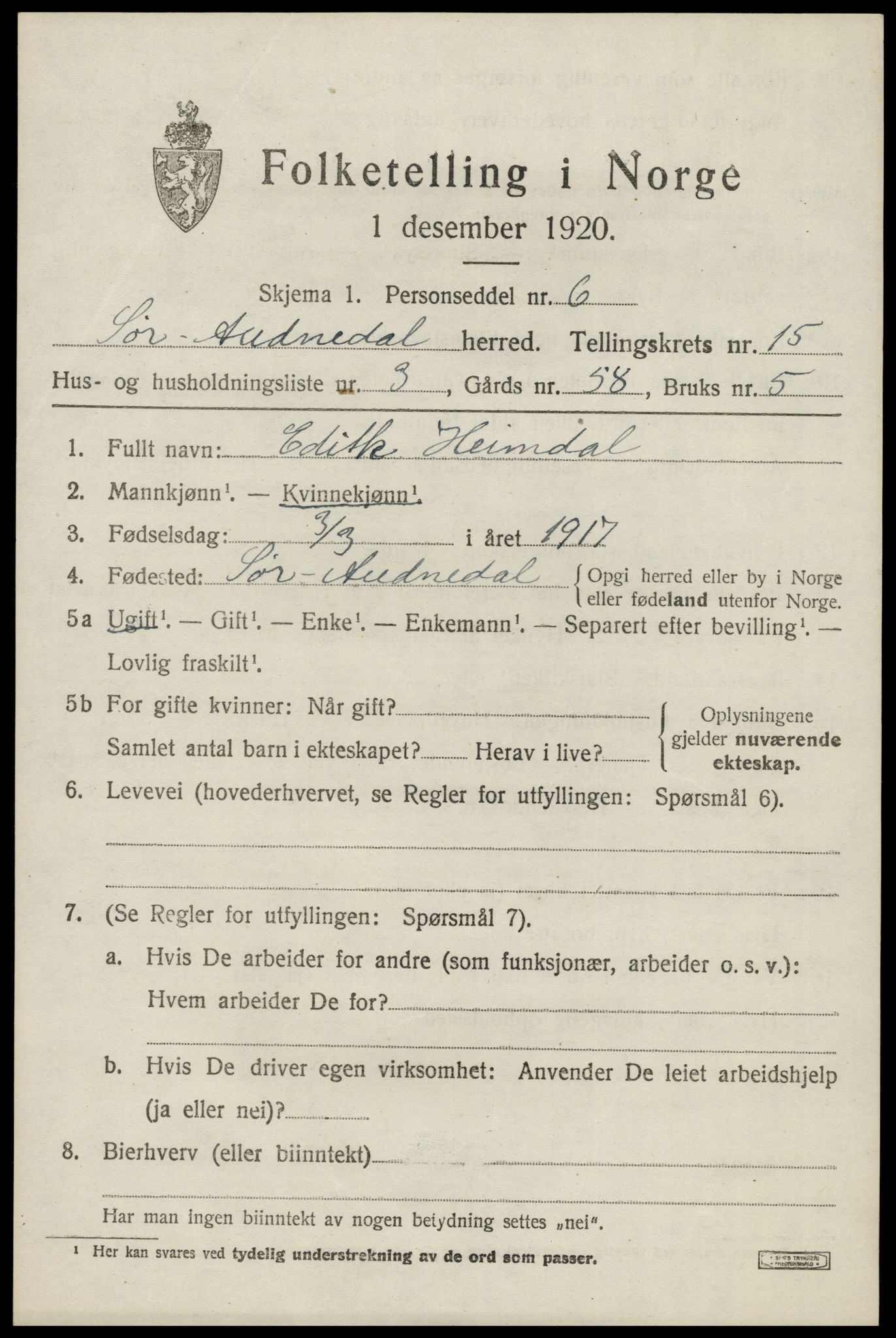 SAK, 1920 census for Sør-Audnedal, 1920, p. 5745