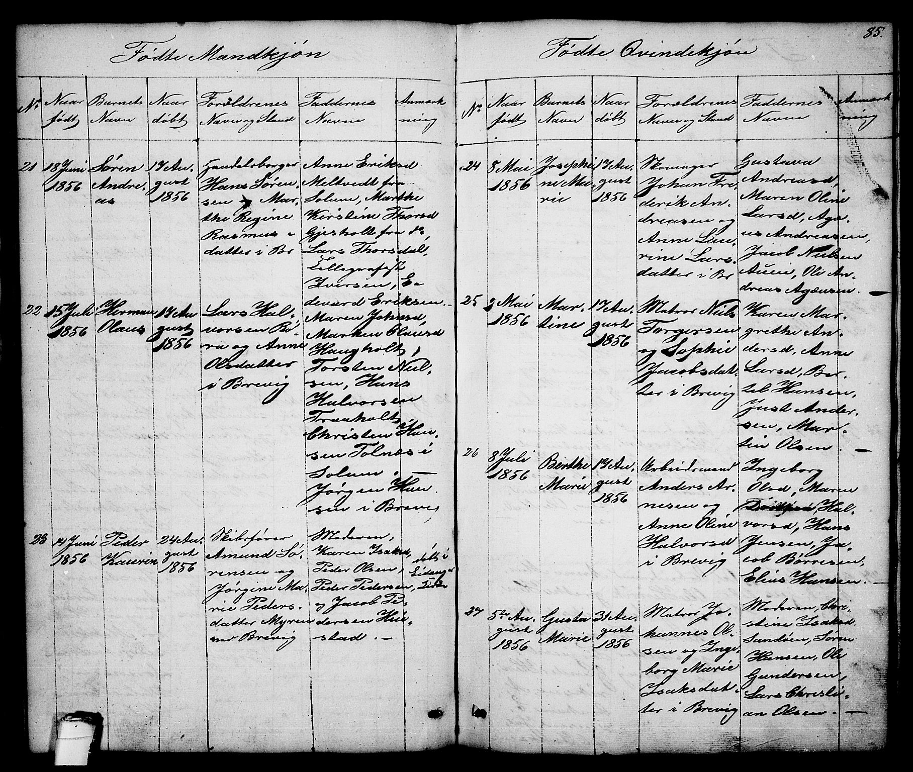 Brevik kirkebøker, AV/SAKO-A-255/G/Ga/L0002: Parish register (copy) no. 2, 1846-1865, p. 85