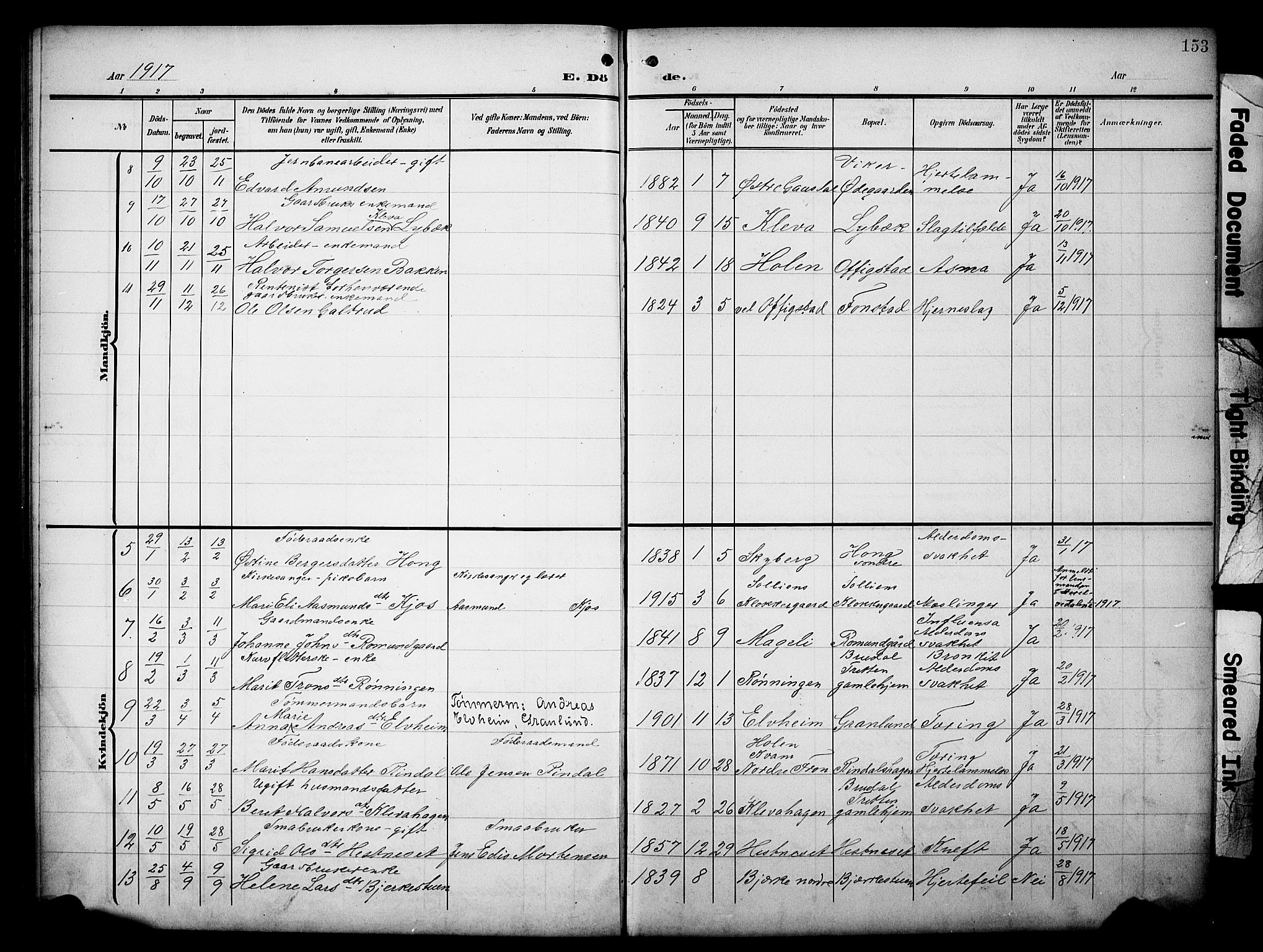 Øyer prestekontor, SAH/PREST-084/H/Ha/Hab/L0006: Parish register (copy) no. 6, 1906-1929, p. 153