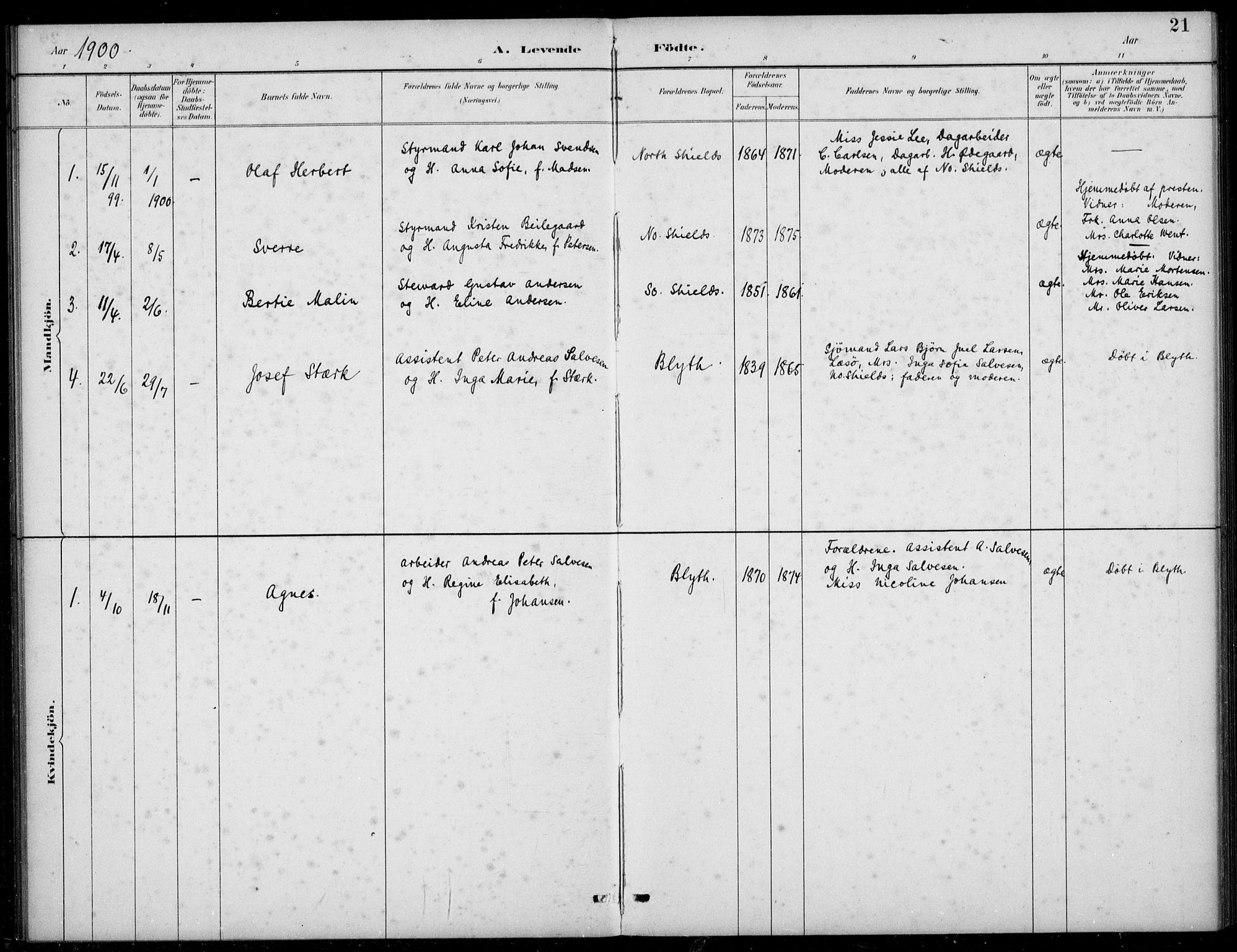 Den norske sjømannsmisjon i utlandet/Tyne-havnene (North Shields og New Castle), SAB/SAB/PA-0101/H/Ha/L0002: Parish register (official) no. A 2, 1883-1938, p. 21
